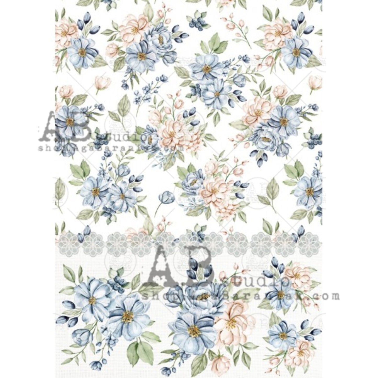 AB Studio Blue Floral Style Design #0279 Size: A4 - 8.27 X 11.69 inches Rice Paper for Decoupage Imported from Poland
