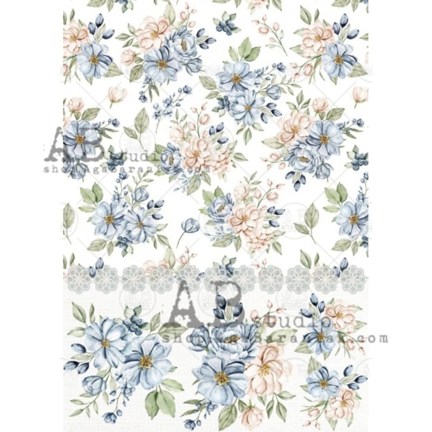 AB Studio Blue Floral Style Design #0279 Size: A4 - 8.27 X 11.69 inches Rice Paper for Decoupage Imported from Poland AB Studio