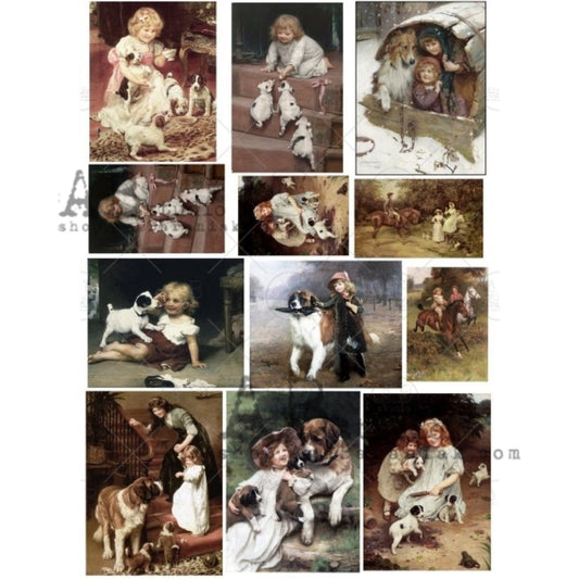 AB Studio Shabby Chic Vintage Children Dogs Puppies #0388 Size: A4 - 8.27 X 11.69 inches Rice Paper for Decoupage Imported from Poland
