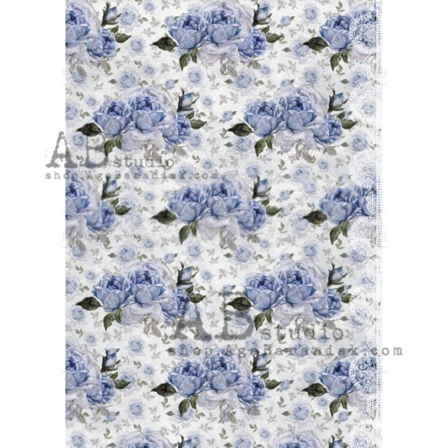 AB Studio Blue Roses Floral Style Design #0498 Size: A4 - 8.27 X 11.69 inches Rice Paper for Decoupage Imported from Poland