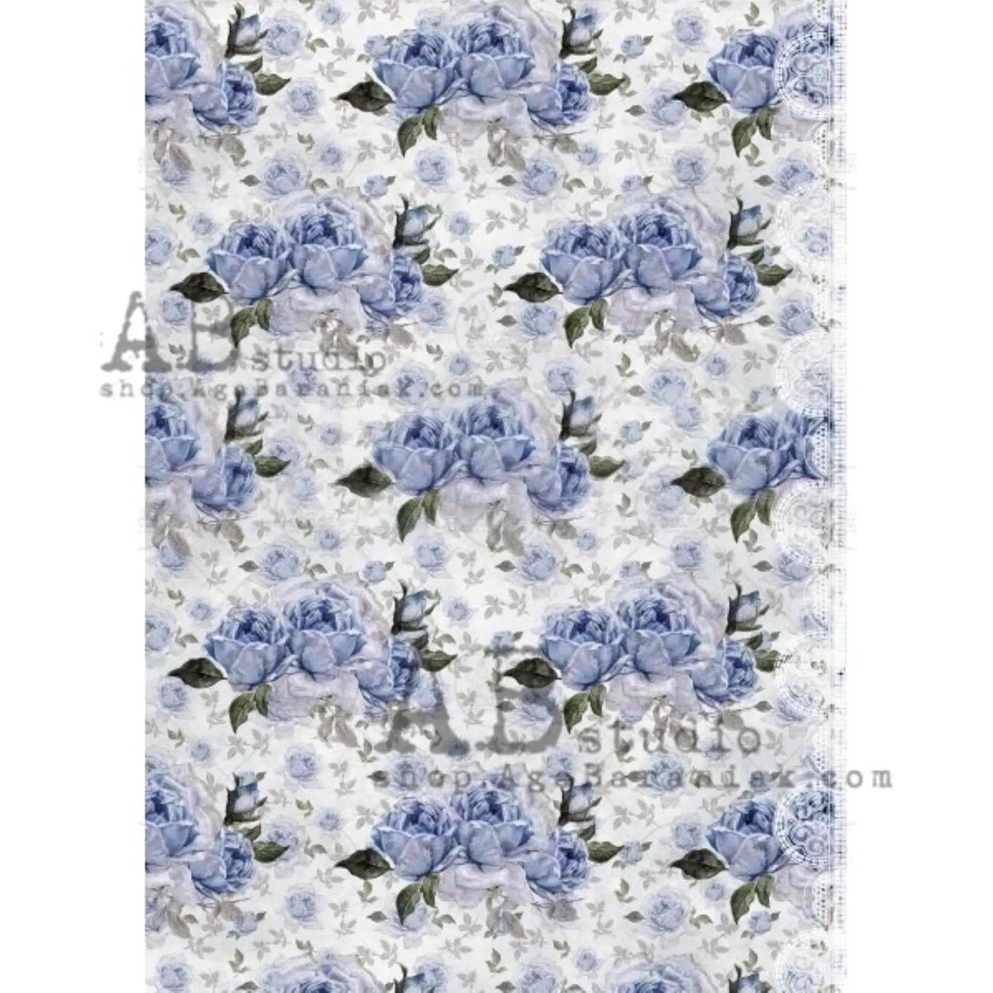 AB Studio Blue Roses Floral Style Design #0498 Size: A4 - 8.27 X 11.69 inches Rice Paper for Decoupage Imported from Poland AB Studio