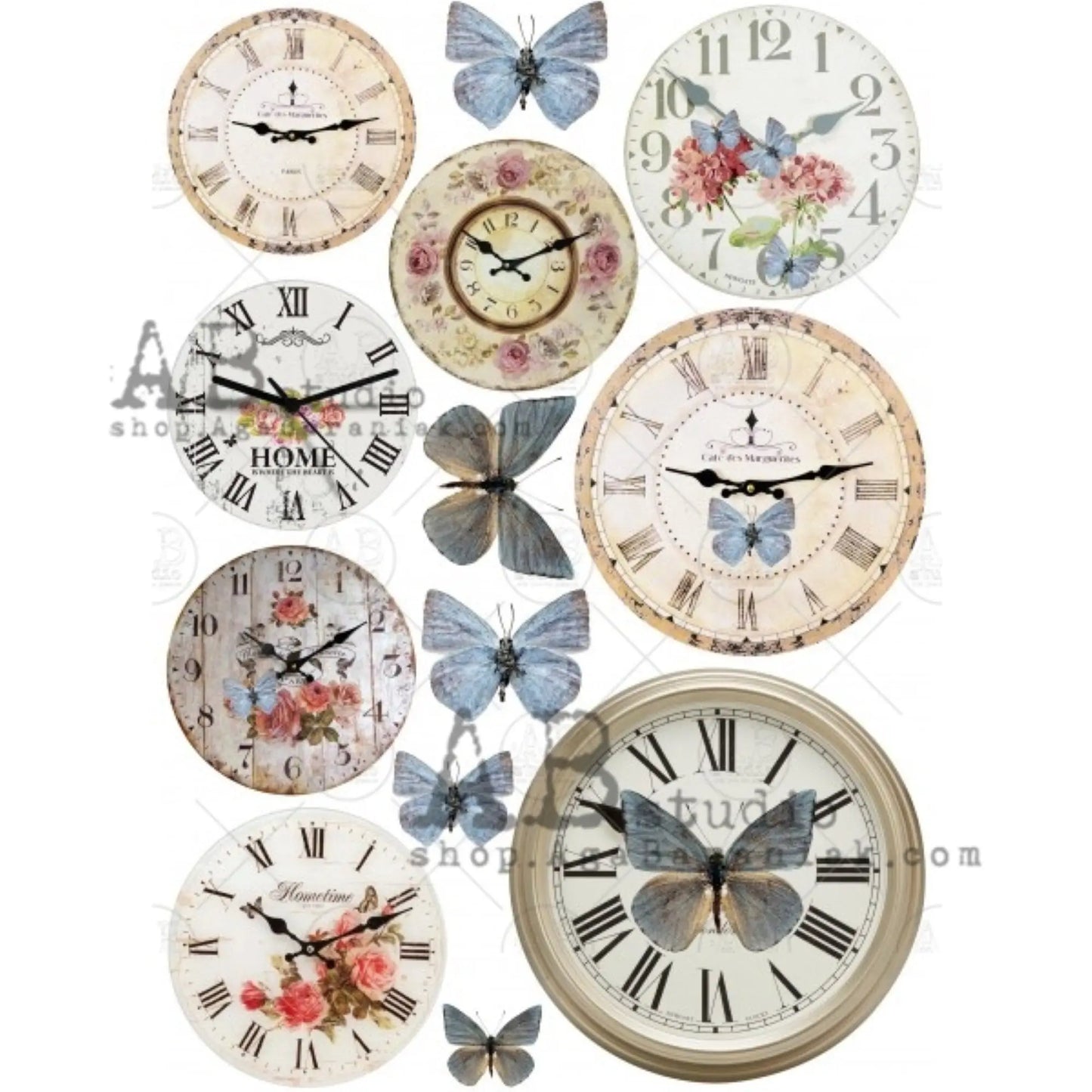 AB Studio Clocks Butterflies Roses Design #0404 Size: A4 - 8.27 X 11.69 inches Rice Paper for Decoupage Imported from Poland AB Studio