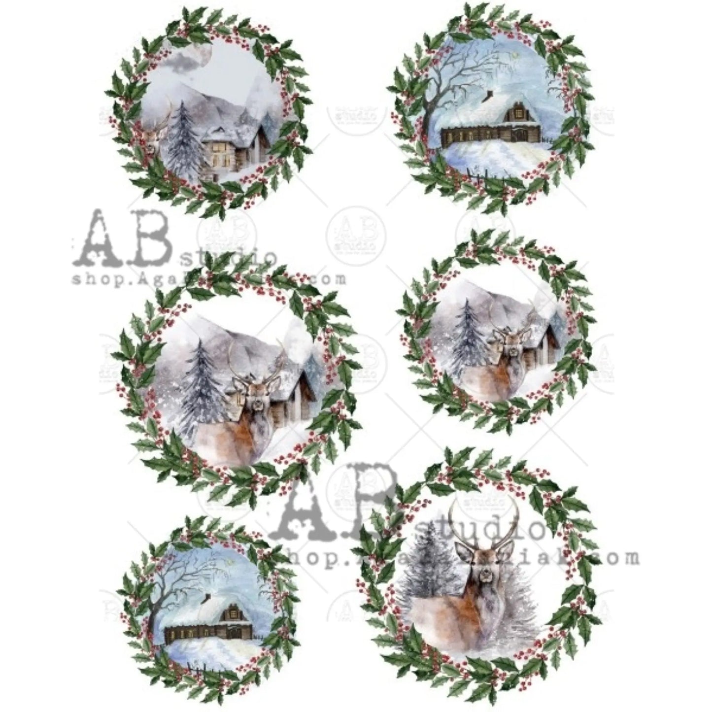AB Studio Christmas Reindeer Holly Wreaths 0450 Size: A4 - 8.27 X 11.69 inches Rice Paper for Decoupage Imported from Poland AB Studio