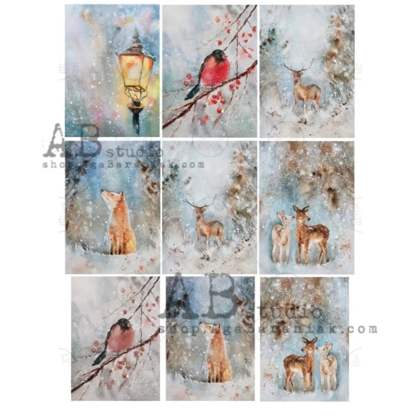AB Studio Christmas Baby Reindeer Birds Winter Scene #0455 Size: A4 - 8.27 X 11.69 inches Rice Paper for Decoupage Imported from Poland AB Studio