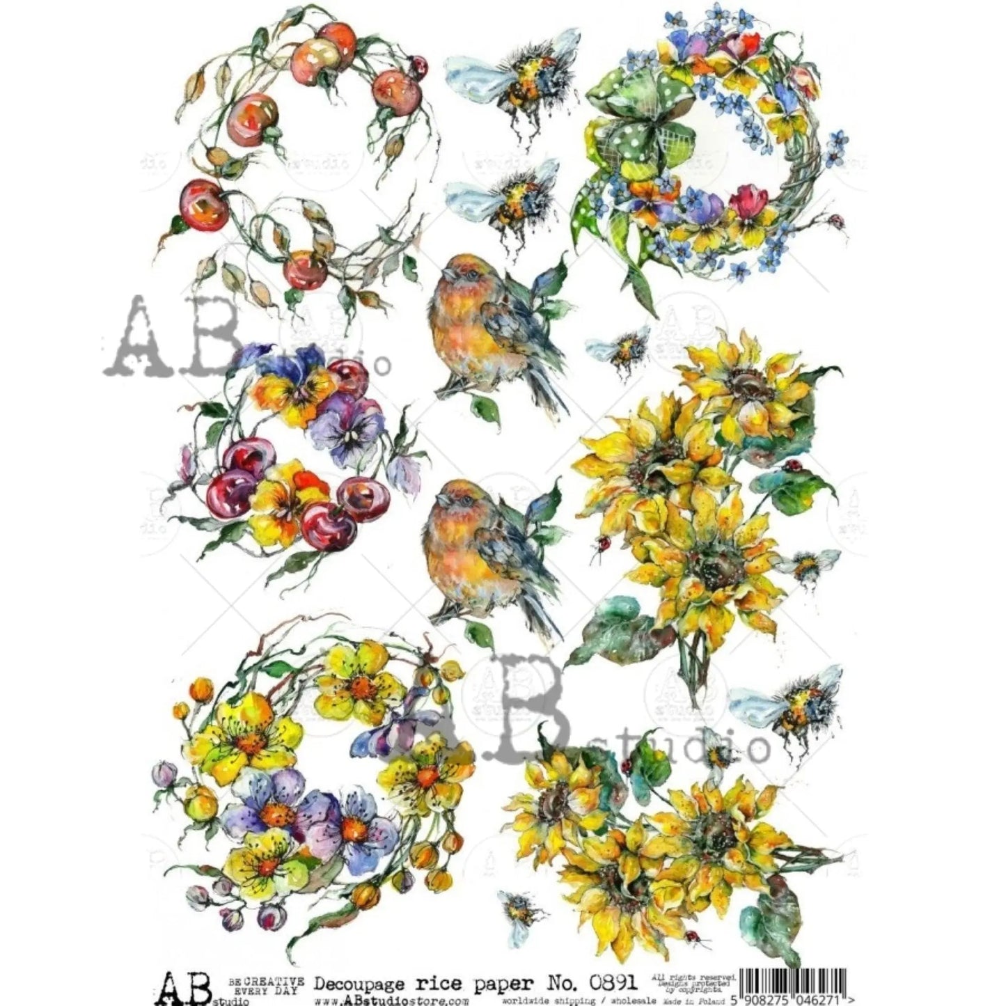 AB Studio Sunflower Wreaths Birds #0891 Size: A4 - 8.27 X 11.69 inches Rice Paper for Decoupage Imported from Poland AB Studio