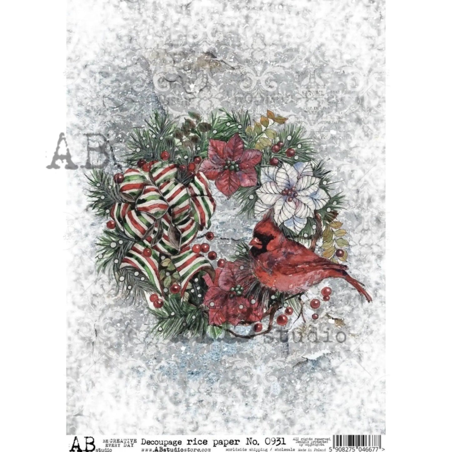 AB Studio Christmas Cardinal Wreath #0931 Size: A4 - 8.27 X 11.69 inches Rice Paper for Decoupage Imported from Poland AB Studio