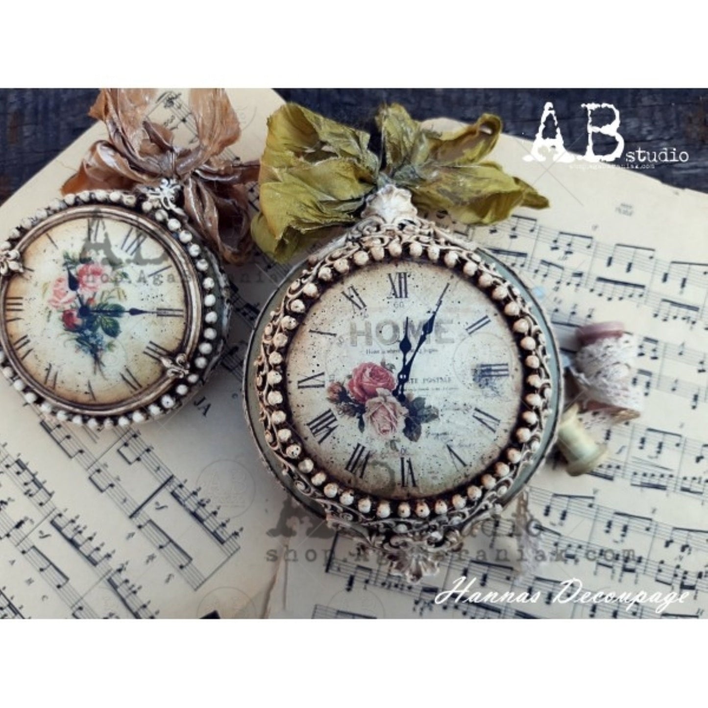 AB Studio Shabby Chic Clock Faces Roses Rice paper A4 No. 0412 Size: 8.27 X 11.69 inches Rice Paper for Decoupage Imported from Poland