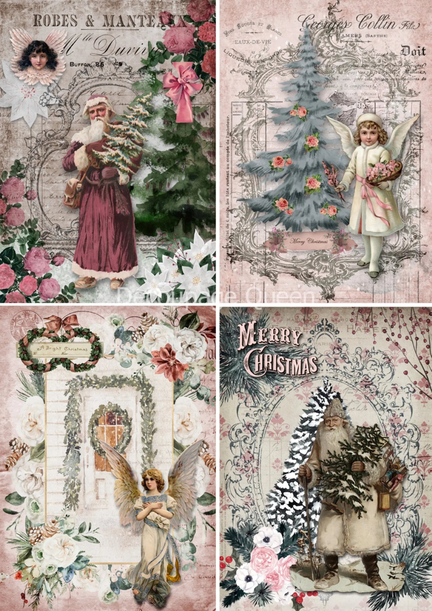 Decoupage Queen, Shabby Christmas, Santa, Angels, Squares, Vintage Style, DQRP 0368-A4, 8.3" X 11.7", Rice Paper, Decoupage Decoupage Queen