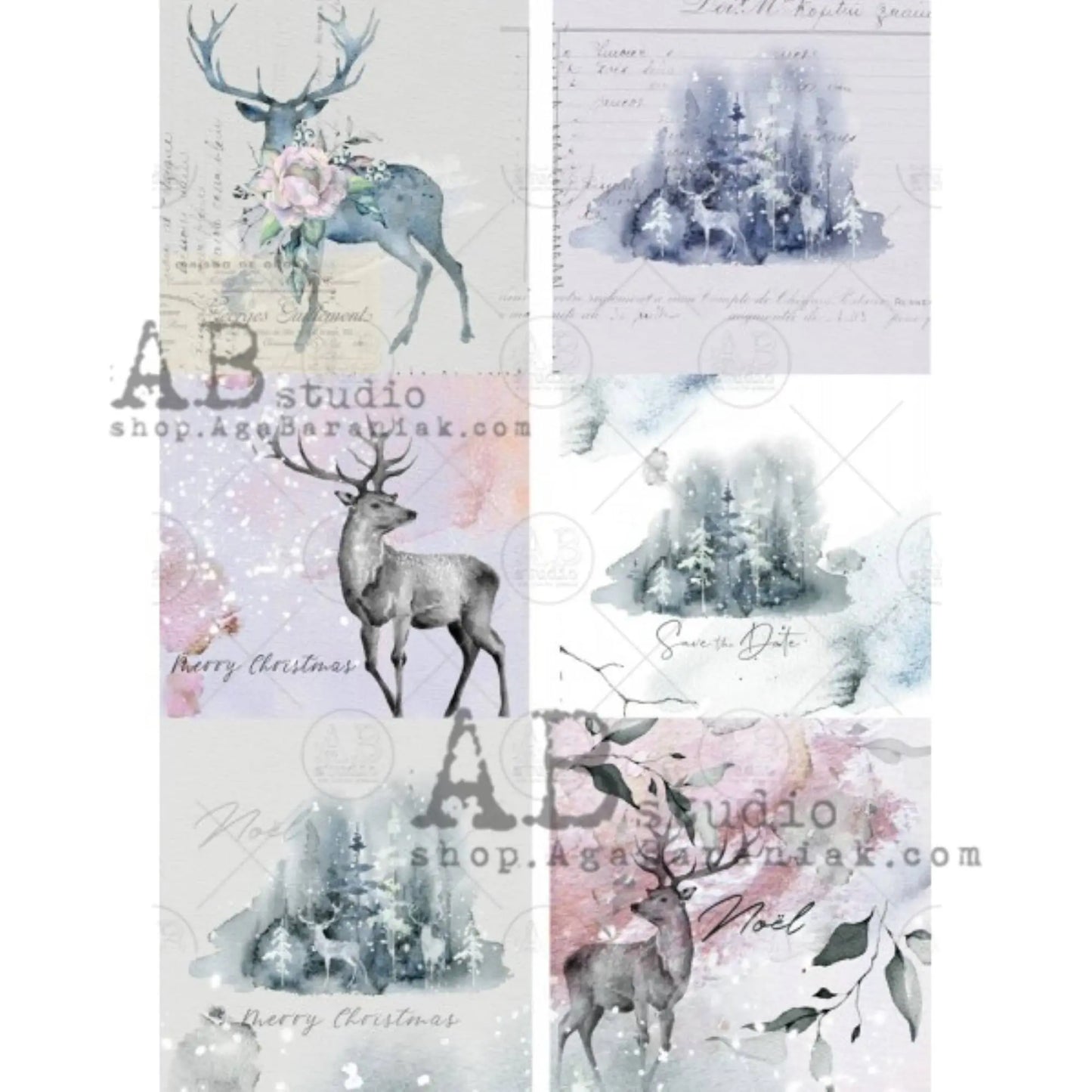 AB Studio Christmas Reindeer Winter Scene #0219 Size: A4 - 8.27 X 11.69 inches Rice Paper for Decoupage Imported from Poland AB Studio