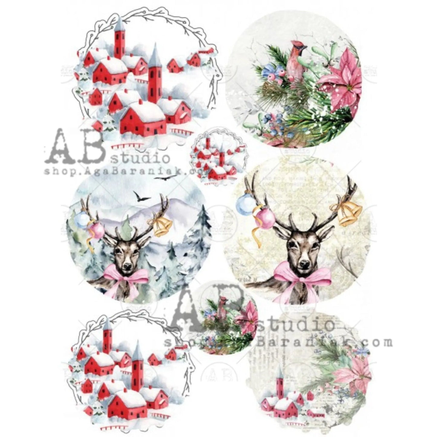 AB Studio Christmas Scene Rounds 0300 Size: A4 - 8.27 X 11.69 inches Rice Paper for Decoupage Imported from Poland AB Studio