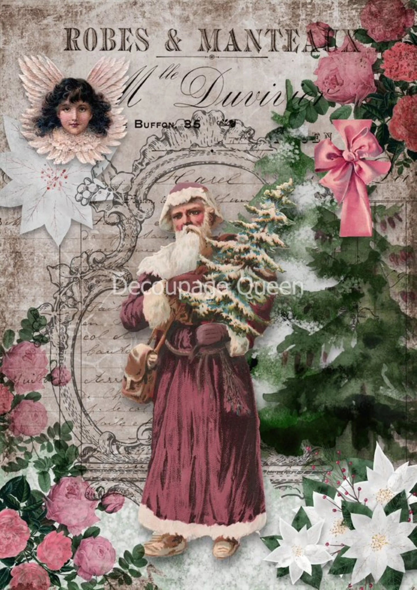 Decoupage Queen Shabby Santa Christmas Rice Paper DQRP_0369-A4 8.27 X 11.69 inches Decoupage Queen