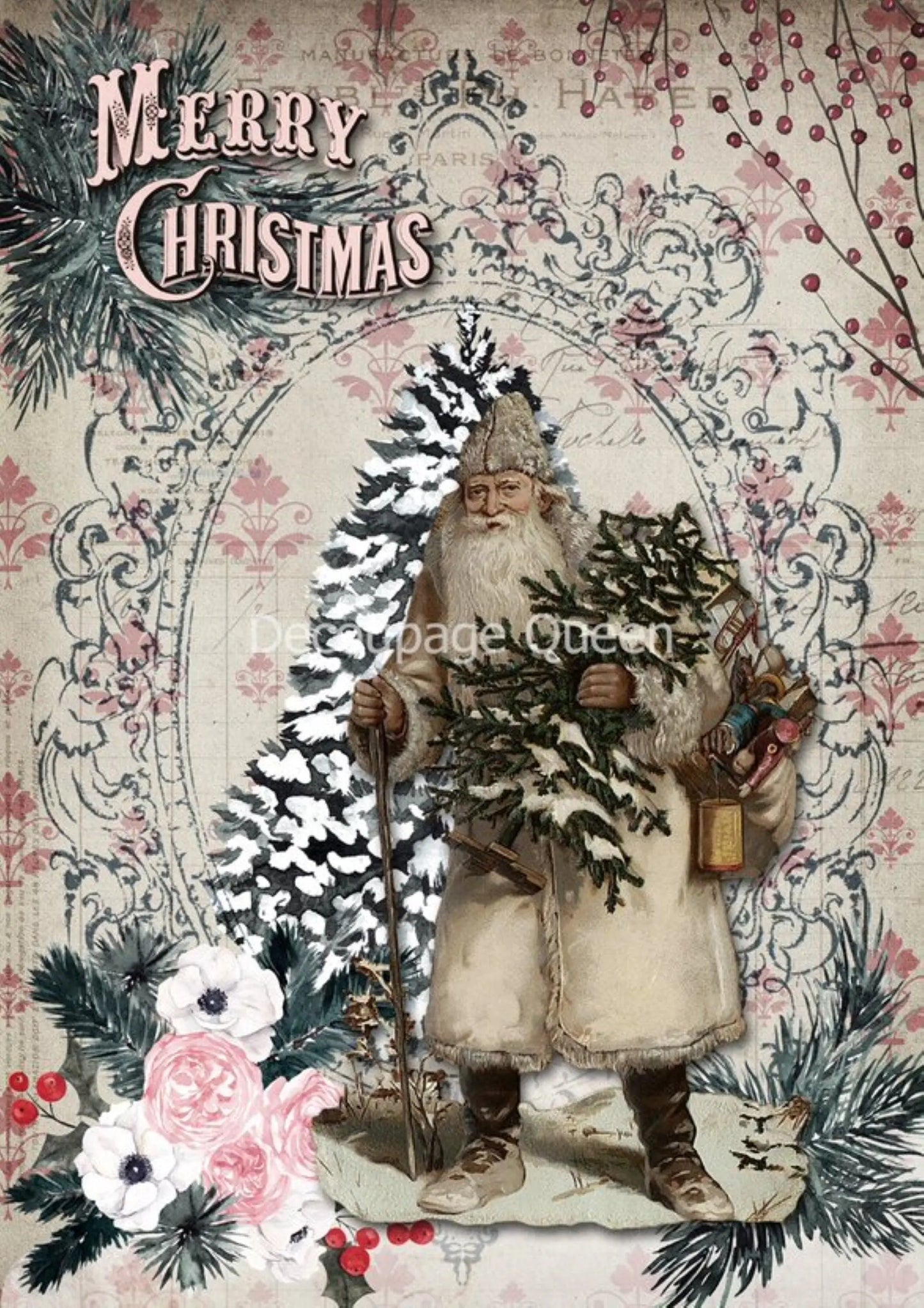 Decoupage Queen, Shabby Chic, Santa, Pink, Christmas, Vintage Style, Rice Paper DQRP_0370, A4 8.27 X 11.69 Decoupage Queen