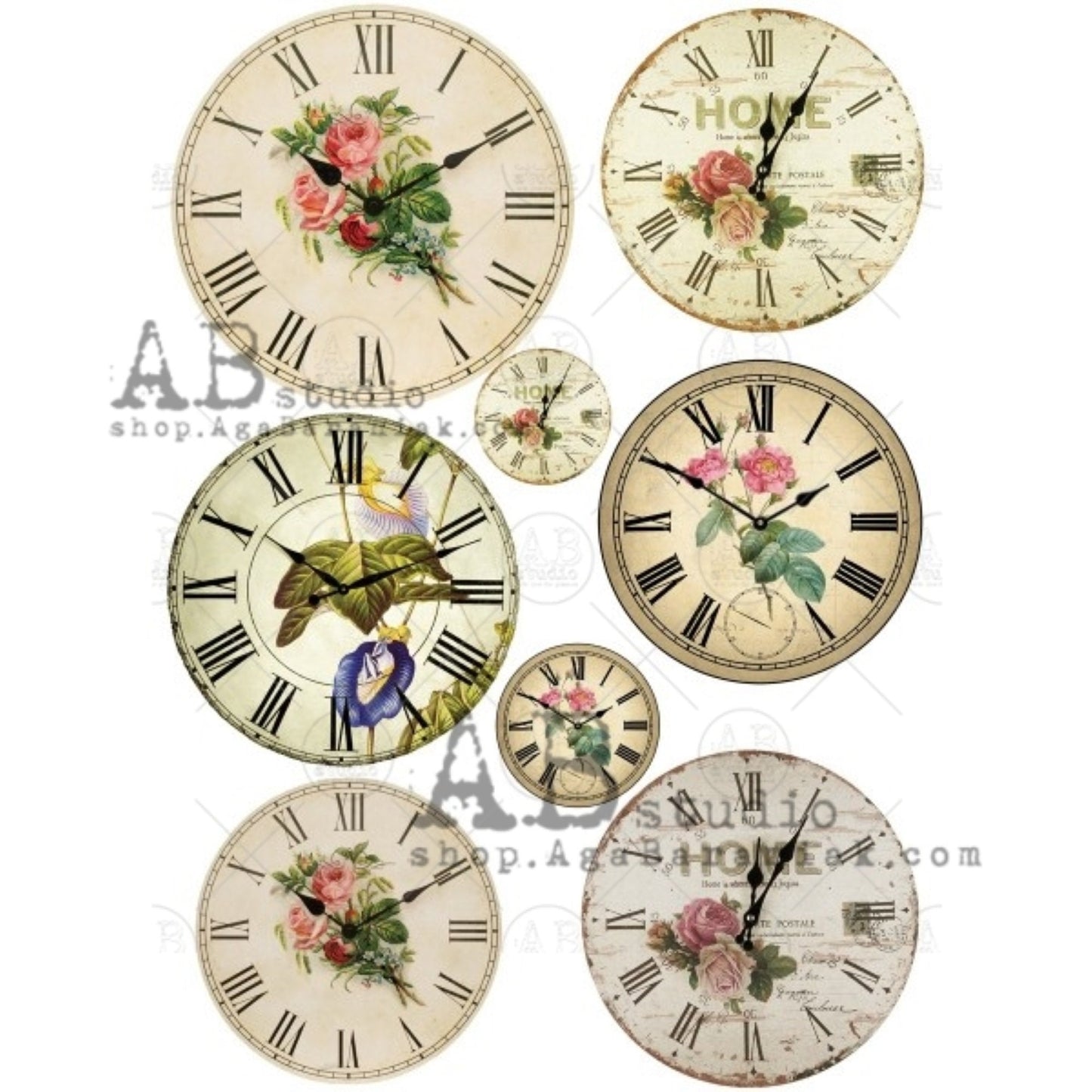 AB Studio Shabby Chic Clock Faces Roses Rice paper A4 No. 0412 Size: 8.27 X 11.69 inches Rice Paper for Decoupage Imported from Poland
