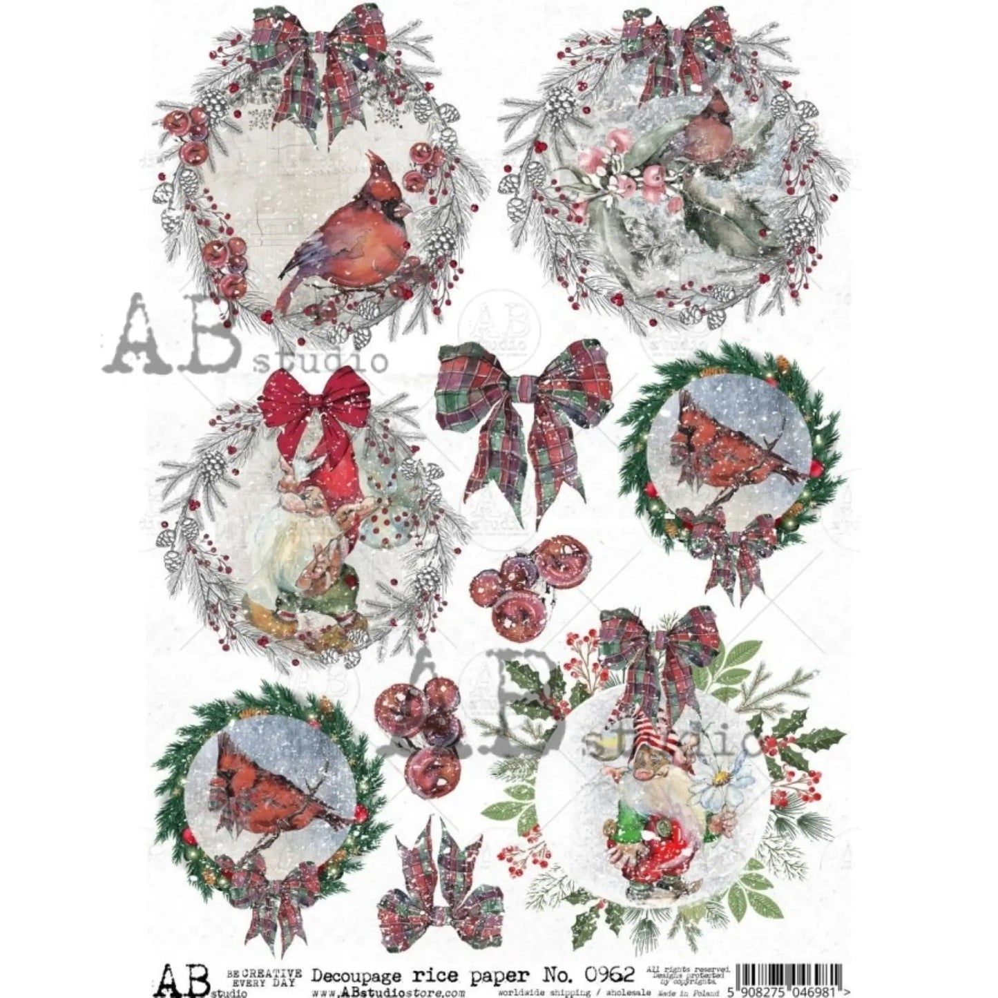AB Studio Christmas Cardinal Rounds 0962 Size: A4 - 8.27 X 11.69 inches Rice Paper for Decoupage Imported from Poland AB Studio