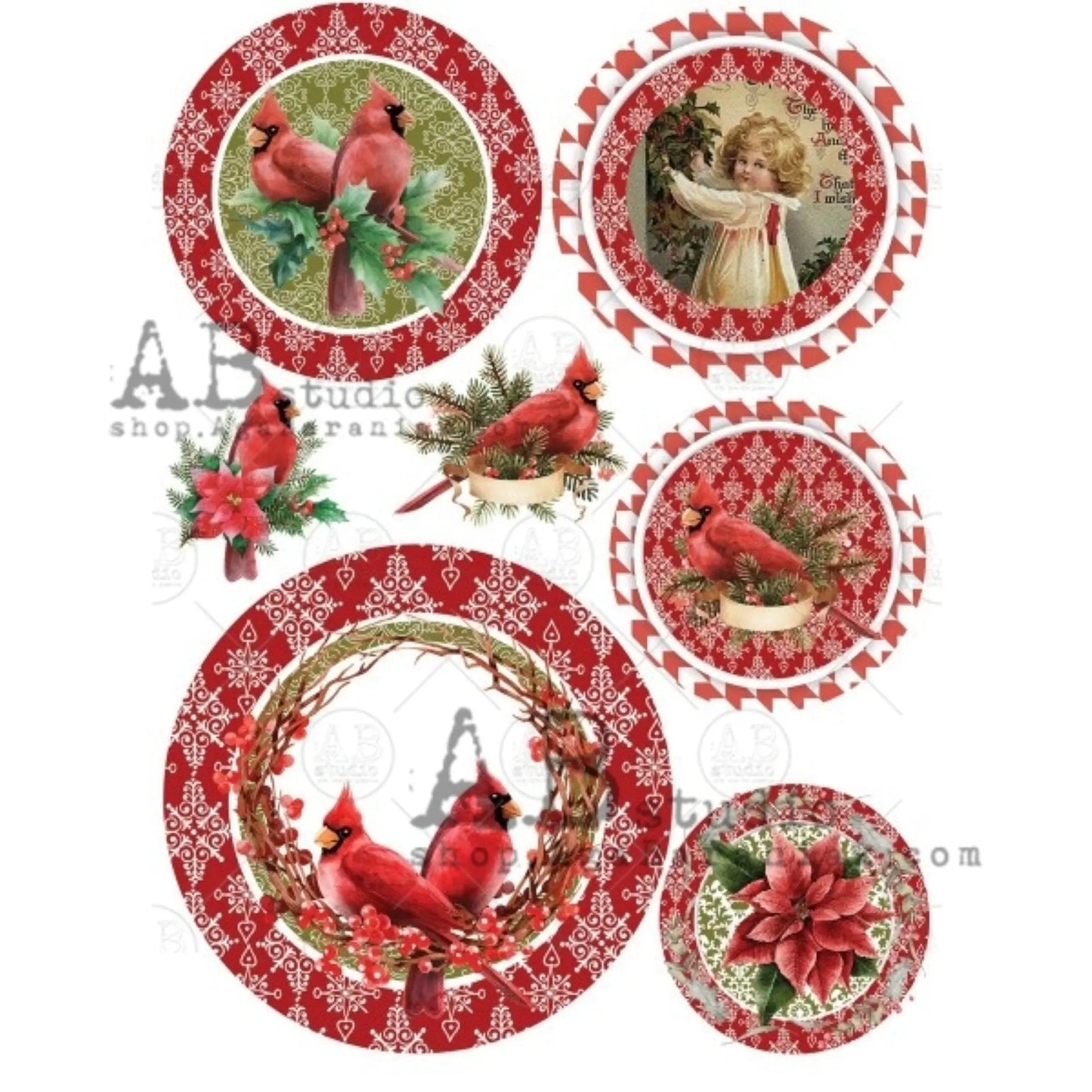 AB Studio, Christmas, Cardinal, Rounds, Ornaments, Birds, Vintage Style, 0445, A4, 8.27 X 11.69, Rice Paper, Decoupage, Imported from Poland AB Studio
