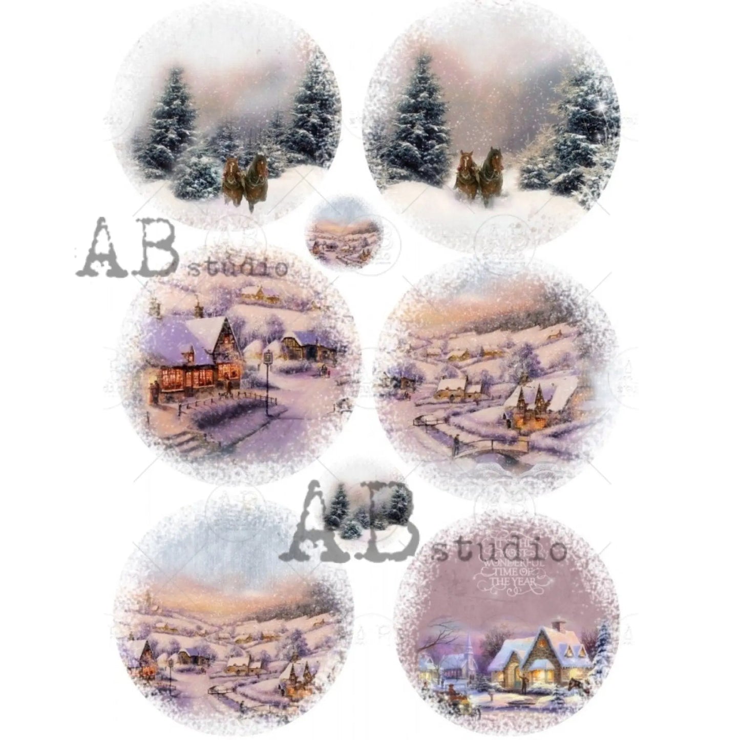 AB Studio Christmas Snow Scene Landscapes Rounds 1126 Size: A4 - 8.27 X 11.69 inches Rice Paper for Decoupage Imported from Poland AB Studio