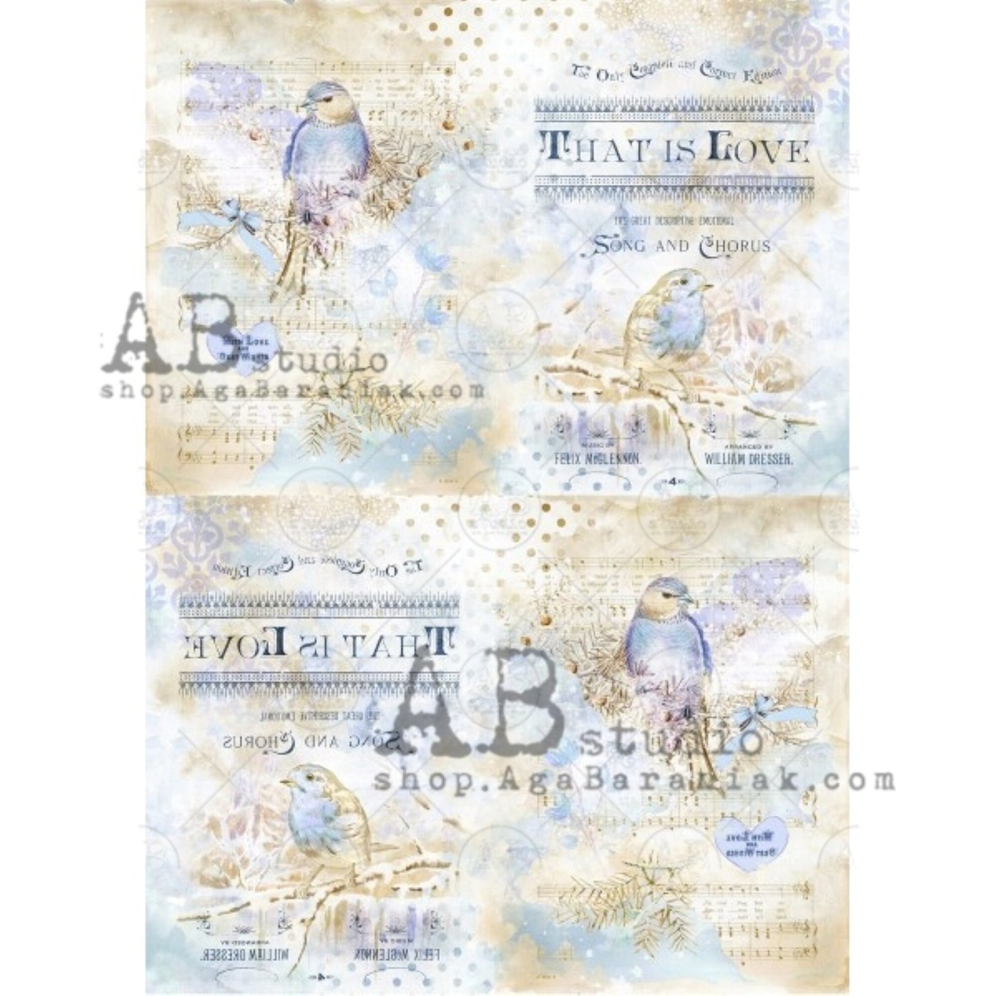 AB Studio Shabby Chic Vintage Love Birds Squares 0362 A4 8.27 X 11.69 inches Rice Paper for Decoupage Imported from Poland