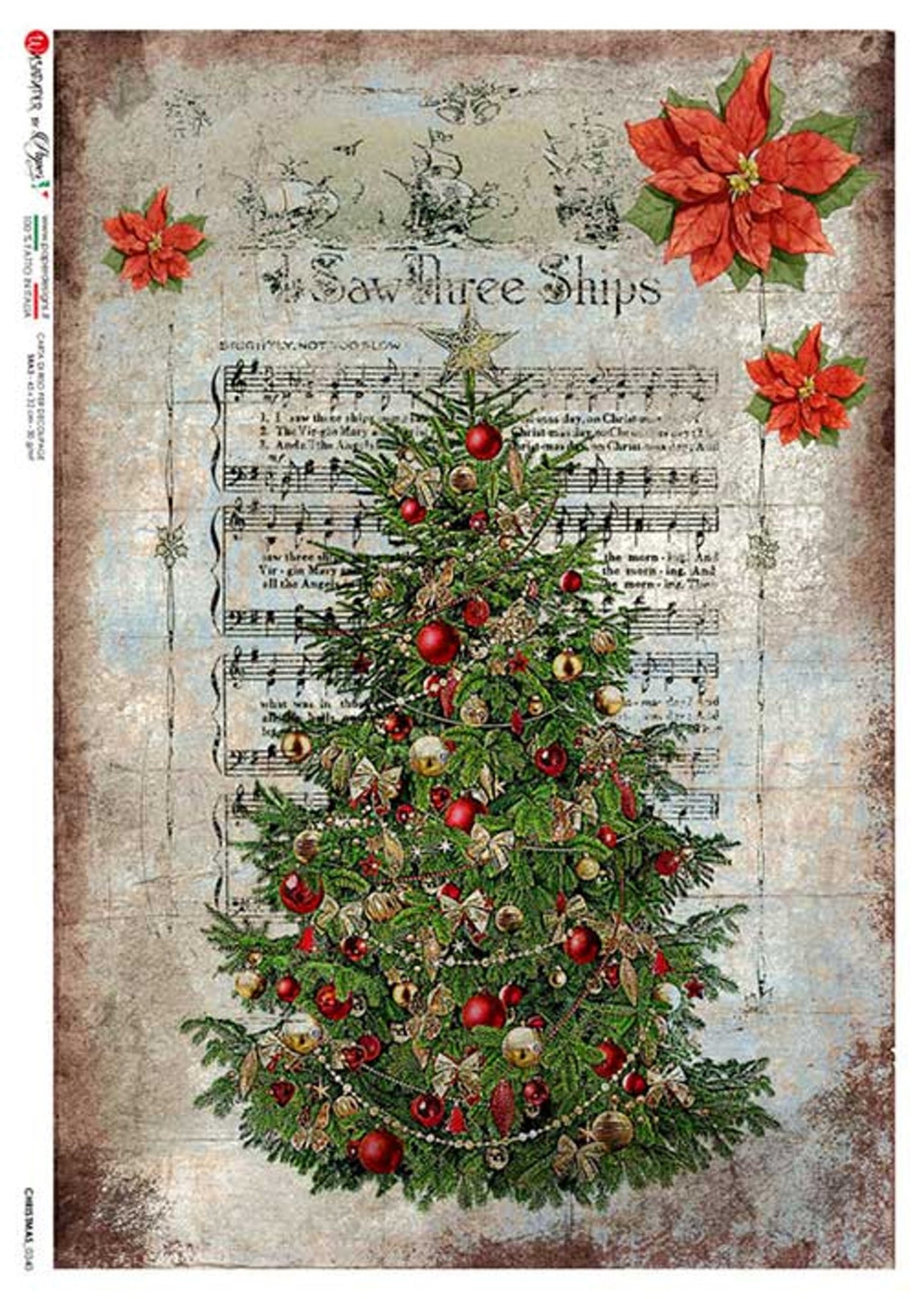 Paper Designs. Rice Paper, Beautiful Christmas Tree, Holiday, Decoration, Sheet Music, 0340 A4 8.3" X 11.7" Rice Paper for Decoupage