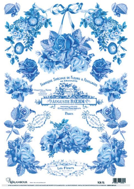 Calambour, Italian Design, Blue and White, Floral, Roses, Garland, TCR 71- A3 PLUS Rice Paper for Decoupage 32.9 x 48.3 cm 12.9 x 19 in