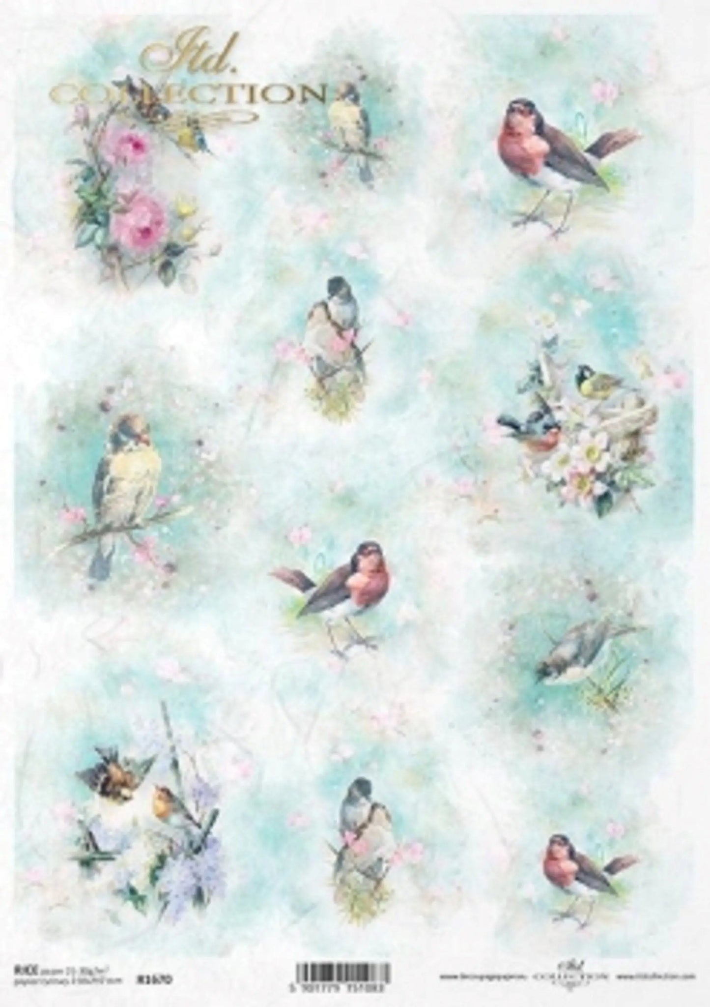 ITD Collection Rice Paper for Decoupage R1670, Size A4 - 210x297 mm, 8.27x11.7 inch, Spring Shabby Chic, Watercolors, birds, spring ITD Collection