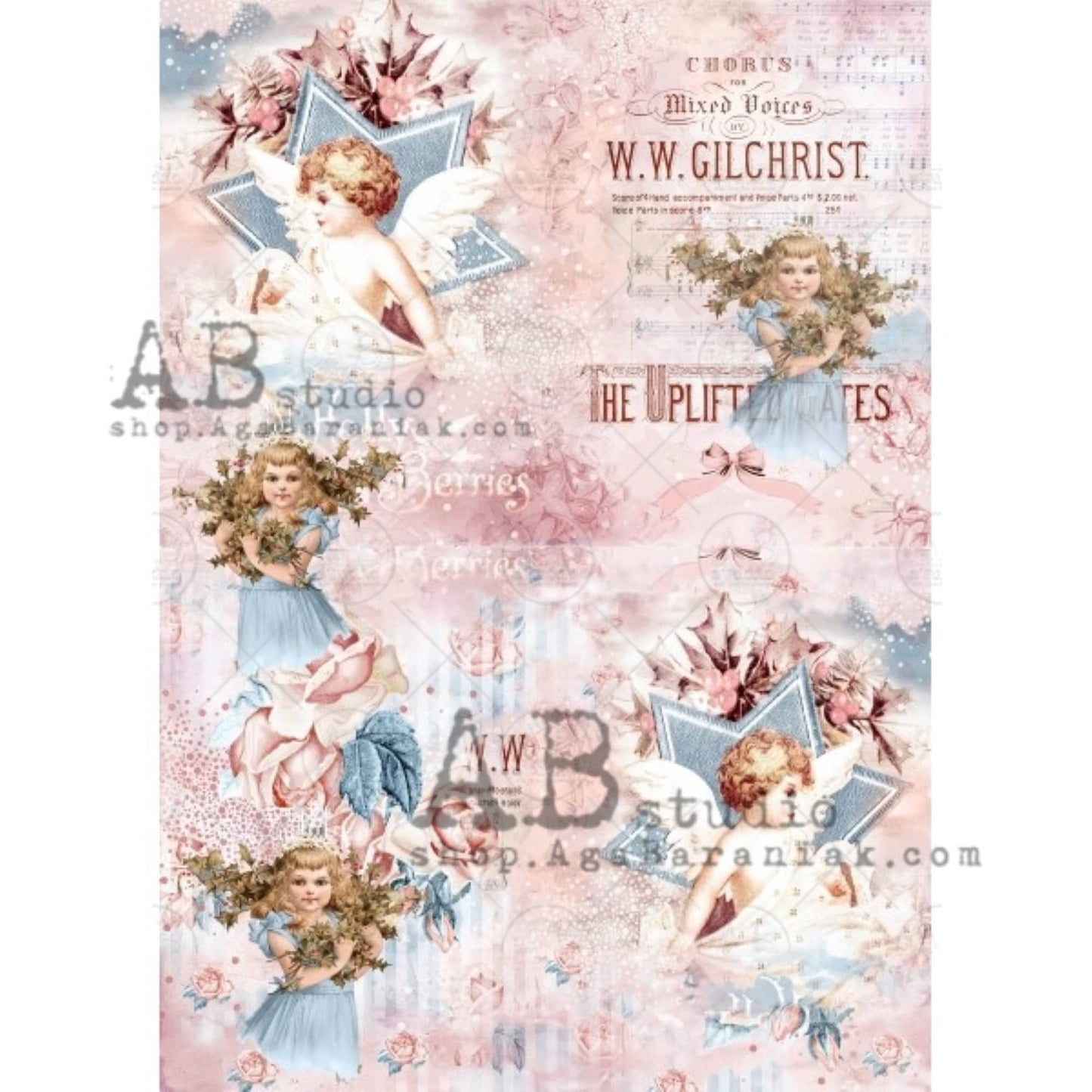 AB Studios Uplifted Gates Christmas Child Angels Rice Paper A4 0364 8.27 X 11.69 inches Rice Paper for Decoupage Imported from Poland
