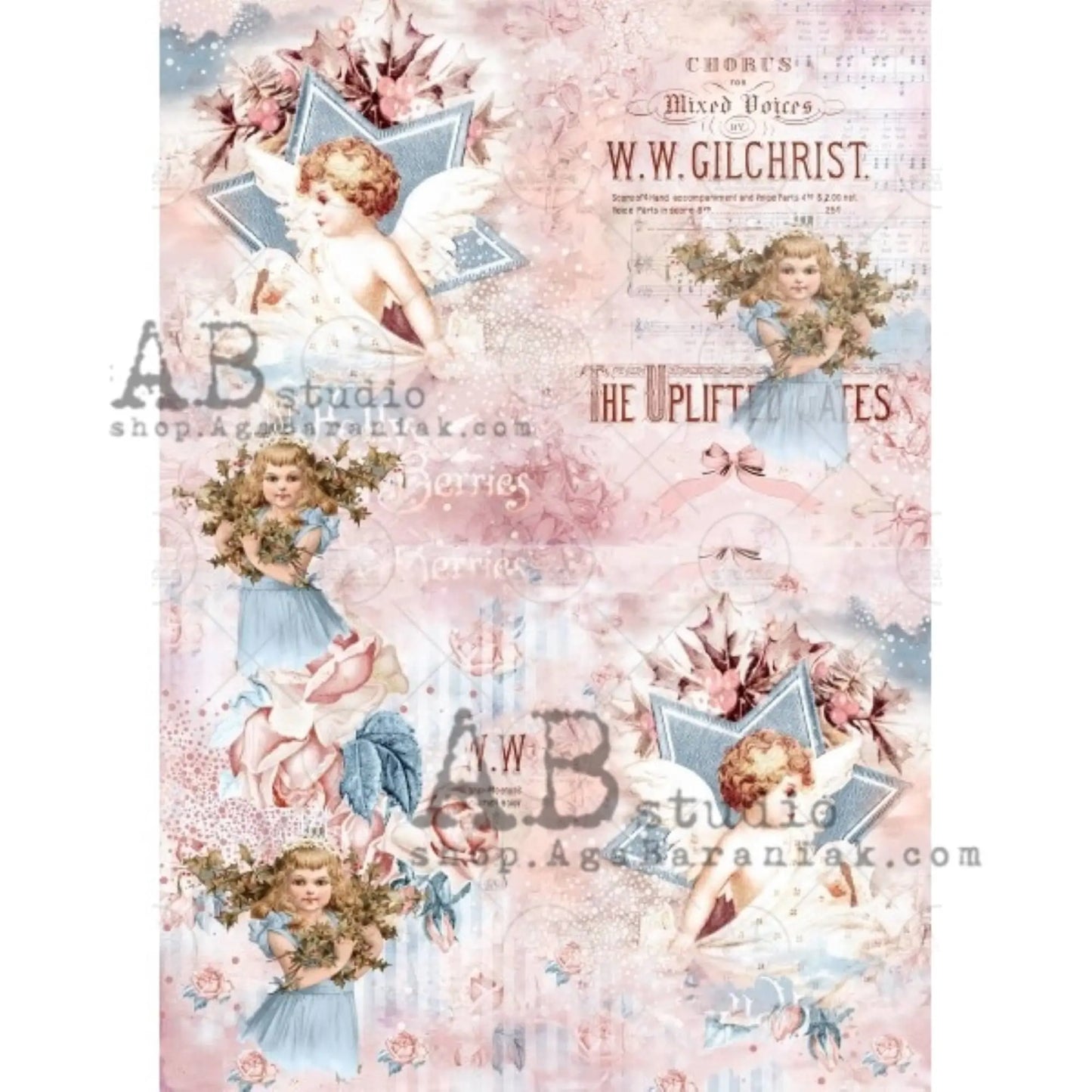 AB Studios Uplifted Gates Christmas Child Angels Rice Paper A4 0364 8.27 X 11.69 inches Rice Paper for Decoupage Imported from Poland AB Studio