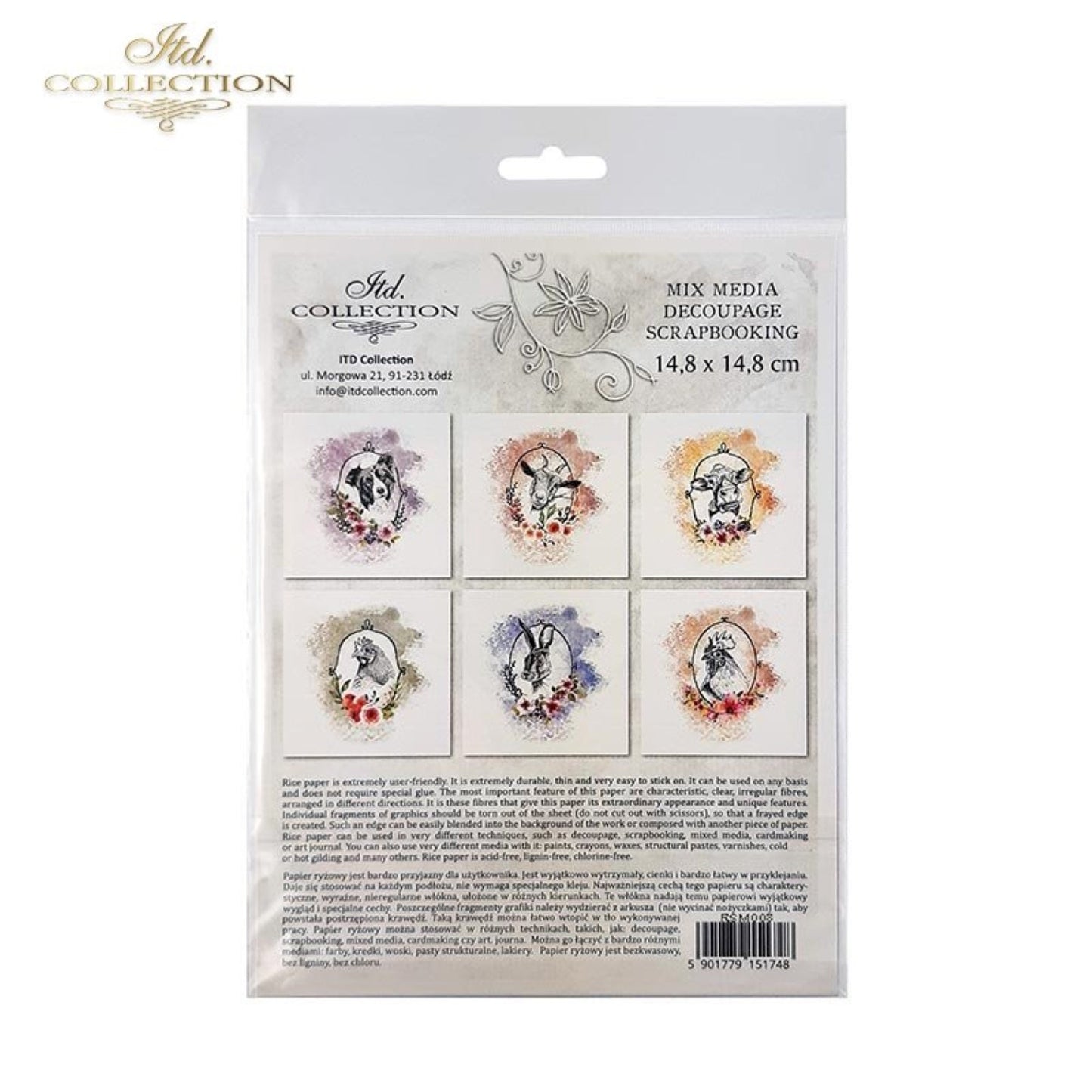 ITD Collection Rice Paper Mini Set for Decoupage RSM008, 6 sheets of rice paper 14,8x14,8 cm, Farm Animals, Cow, Rooster, Hen, goat, dog