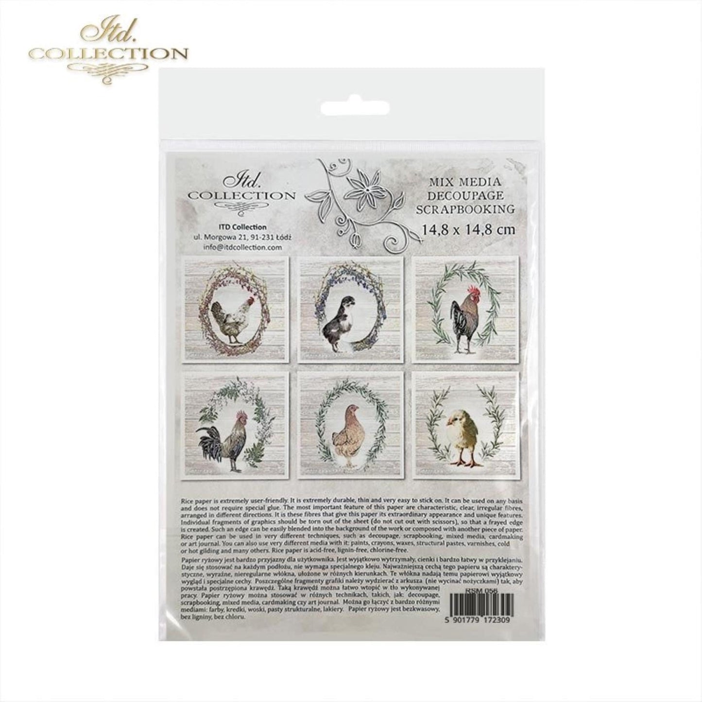 ITD Collection Rice Paper Mini Set for Decoupage RSM056, 6 sheets of rice paper 14,8x14,8 cm, hens and roosters, Wreaths, Farm Animals