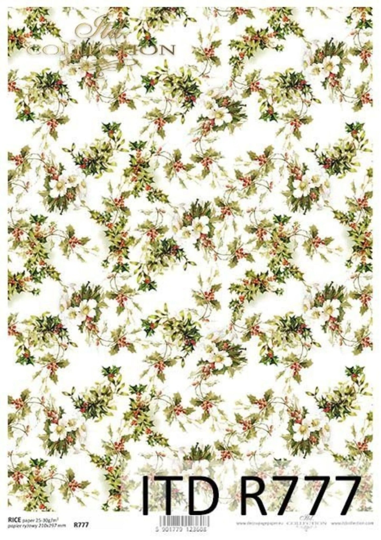 ITD Collection Rice Paper for Decoupage R0777, Size A4 - 210x297 mm, 8.27x11.7 inch, Christmas Holly, Flowers, Floral Trim ITD Collection