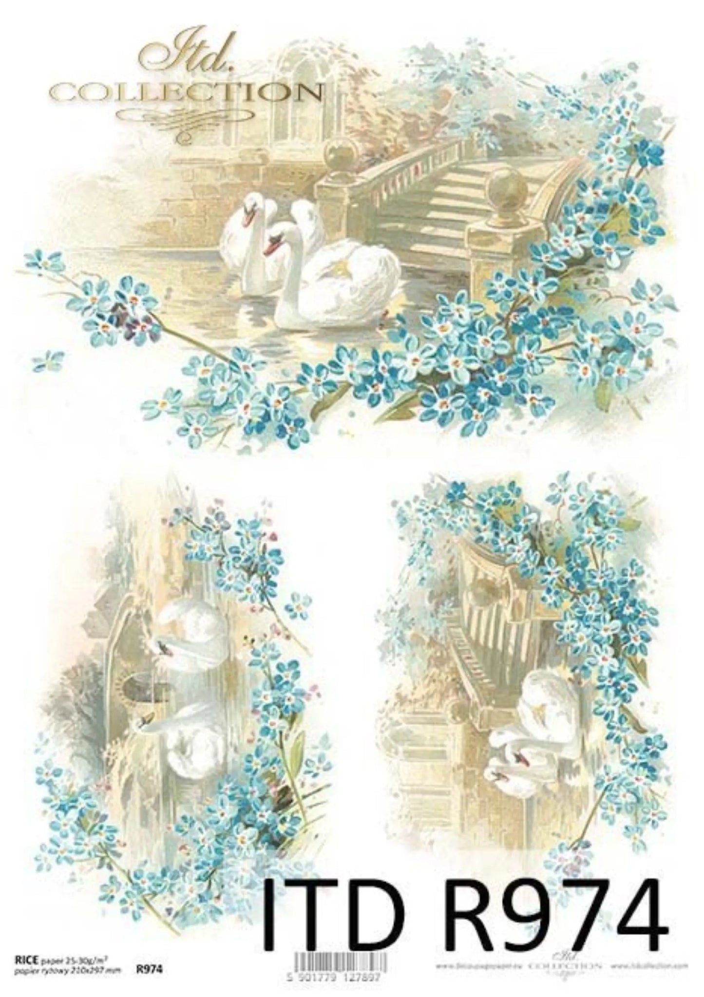 ITD Collection Rice Paper for Decoupage R0974, Size A4 - 210x297 mm, 8.27x11.7 inch, Shabby Chic flowers, swans ITD Collection