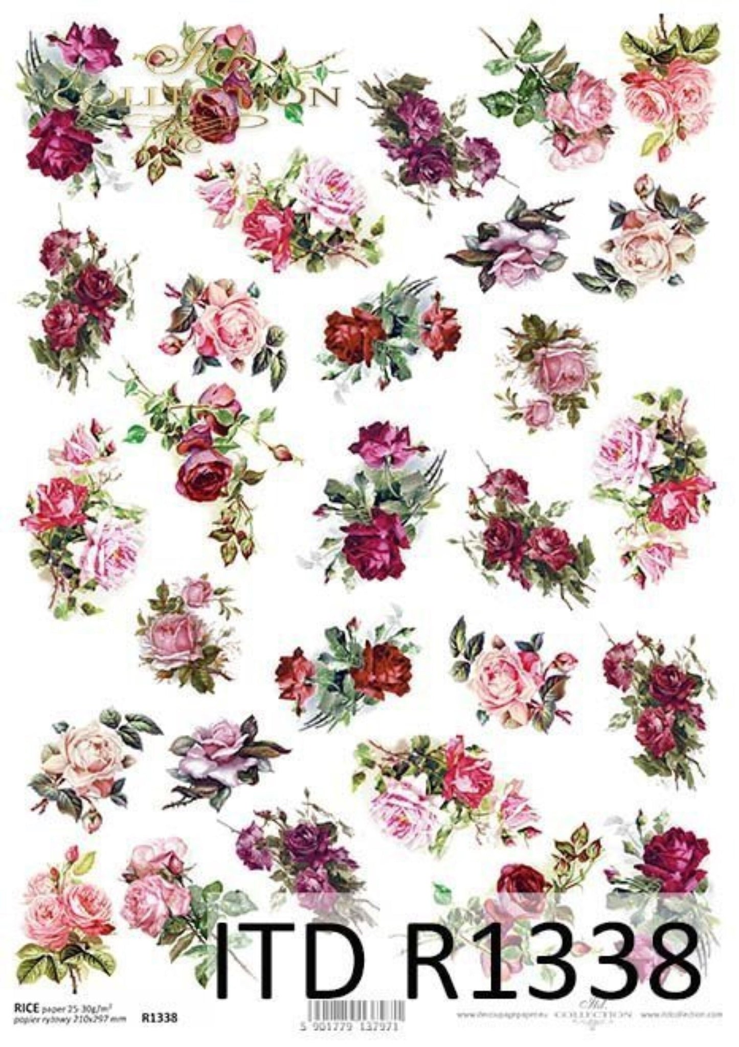 ITD Collection Rice Paper for Decoupage R1338, Size A4 210x297 mm, 8.27x11. Vintage, Shabby Chic, tiny Pink Rose bouquets, background