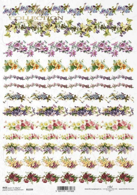 ITD Collection Rice Paper for Decoupage R1339, Size A4 - 210x297 mm, 8.27x11. inch Vintage, Shabby Chic, spring flowers, trim, garland