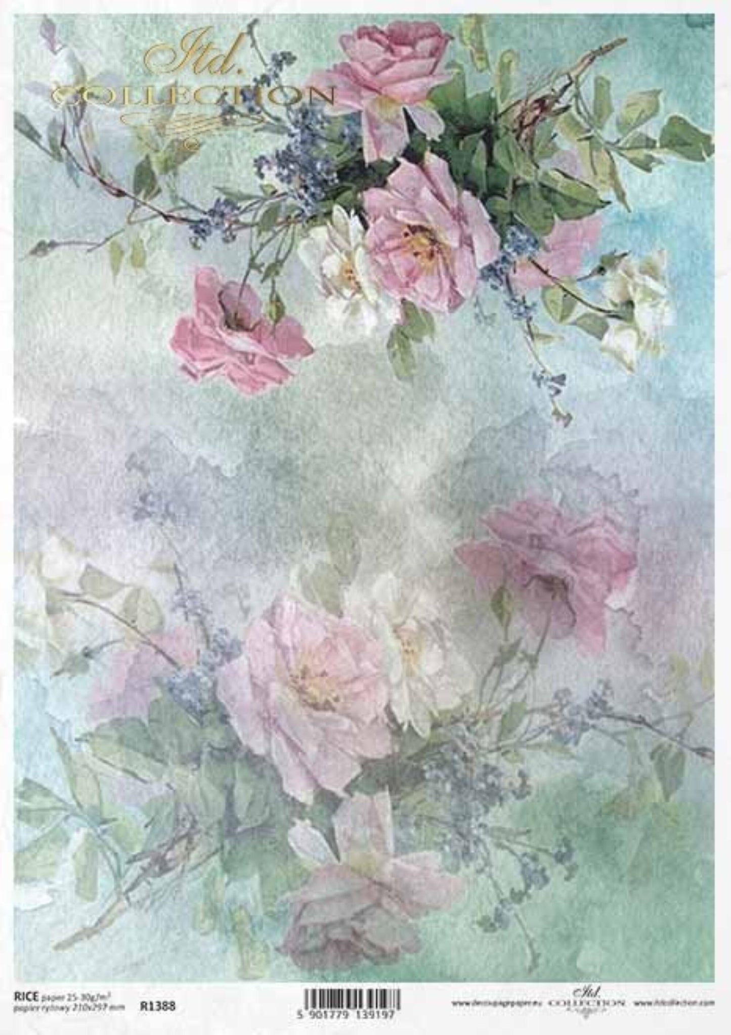 ITD Collection Rice Paper for Decoupage R1388, Size A4 - 210x297 mm, 8.27x11. inch Shabby Chic flowers, buds, wallpaper, roses, background