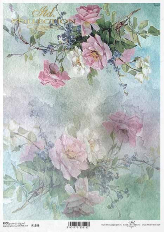 ITD Collection Rice Paper for Decoupage R1388, Size A4 - 210x297 mm, 8.27x11. inch Shabby Chic flowers, buds, wallpaper, roses, background