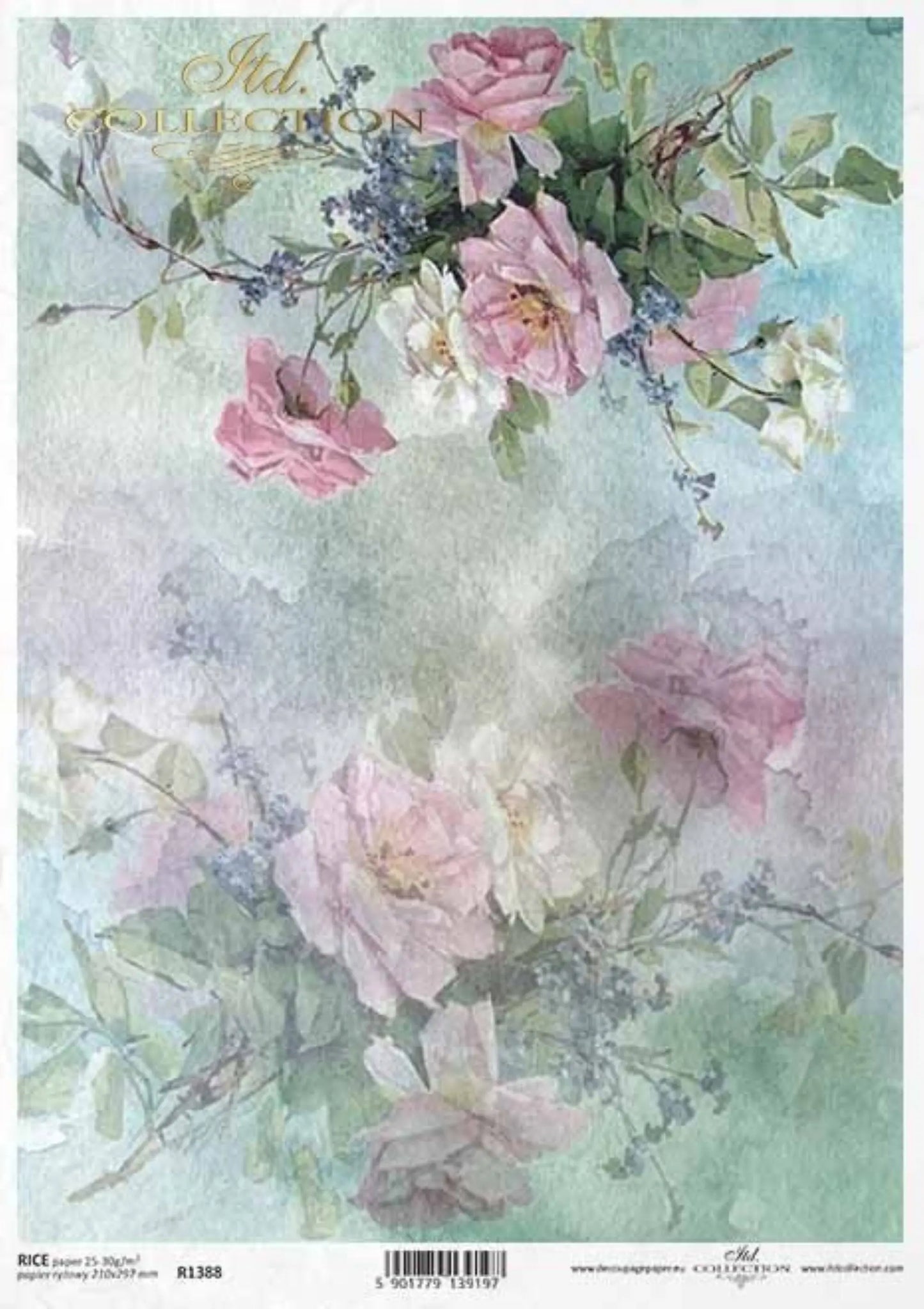 ITD Collection Rice Paper for Decoupage R1388, Size A4 - 210x297 mm, 8.27x11. inch Shabby Chic flowers, buds, wallpaper, roses, background ITD Collection