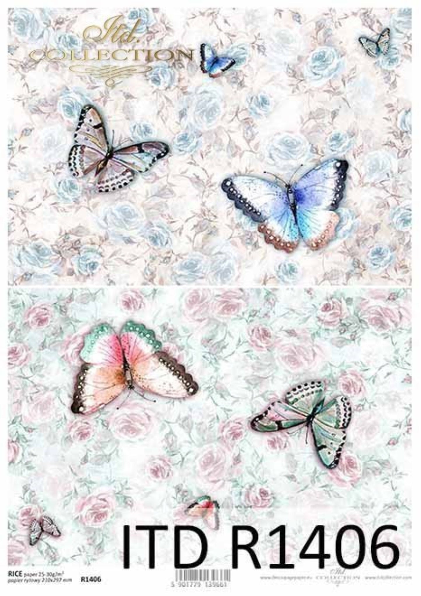 ITD Collection Rice Paper for Decoupage R1406, Size A4 - 210x297 mm, 8.27x11. inch Shabby Chic butterflies, flower, rose, background