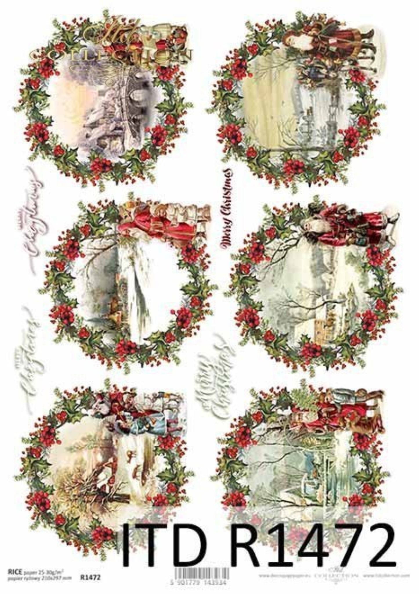 ITD Collection Rice Paper for Decoupage R1472, Size A4 - 210x297 mm, 8.27x11.7 inch, Christmas Rounds, decorations, wreaths, holly, Santa