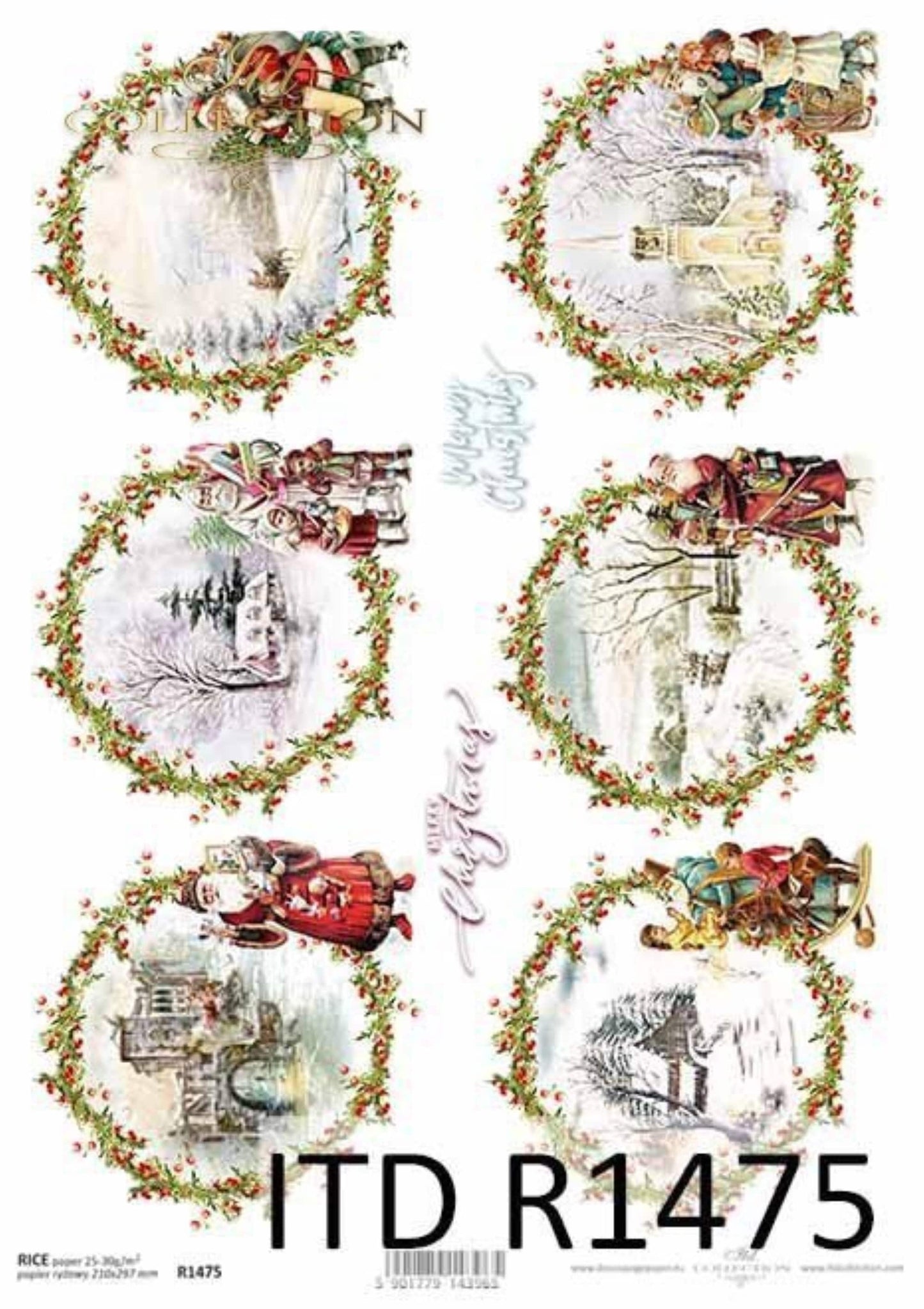 ITD Collection Rice Paper for Decoupage R1475, Size A4 - 210x297 mm, 8.27x11.7 inch, Christmas Rounds, wreaths, Holly, Santa, Ornaments
