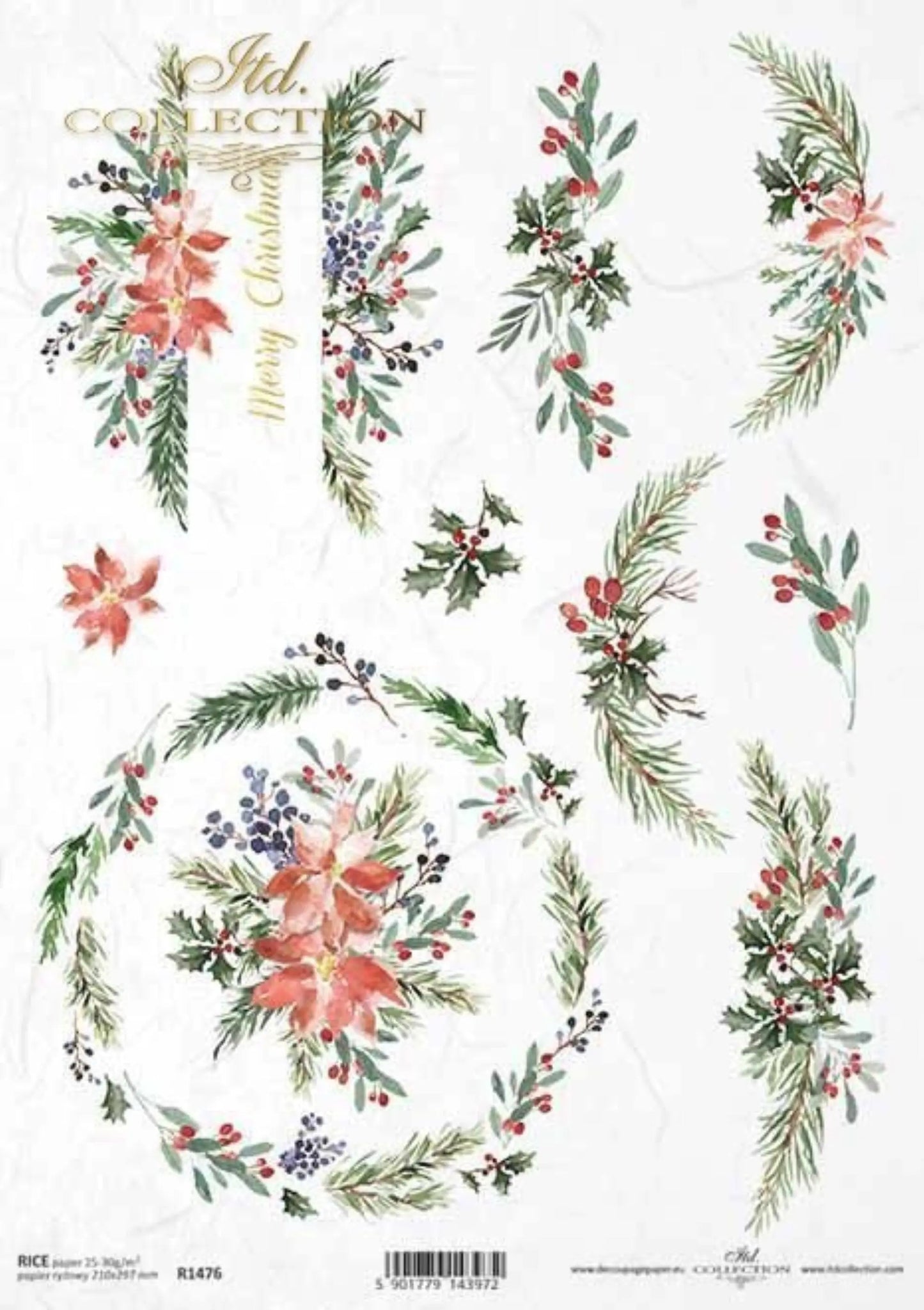 ITD Collection Rice Paper for Decoupage R1476, Size A4 - 210x297 mm, 8.27x11.7 inch, Christmas flowers, decorations, wreaths, holly, flowers ITD Collection