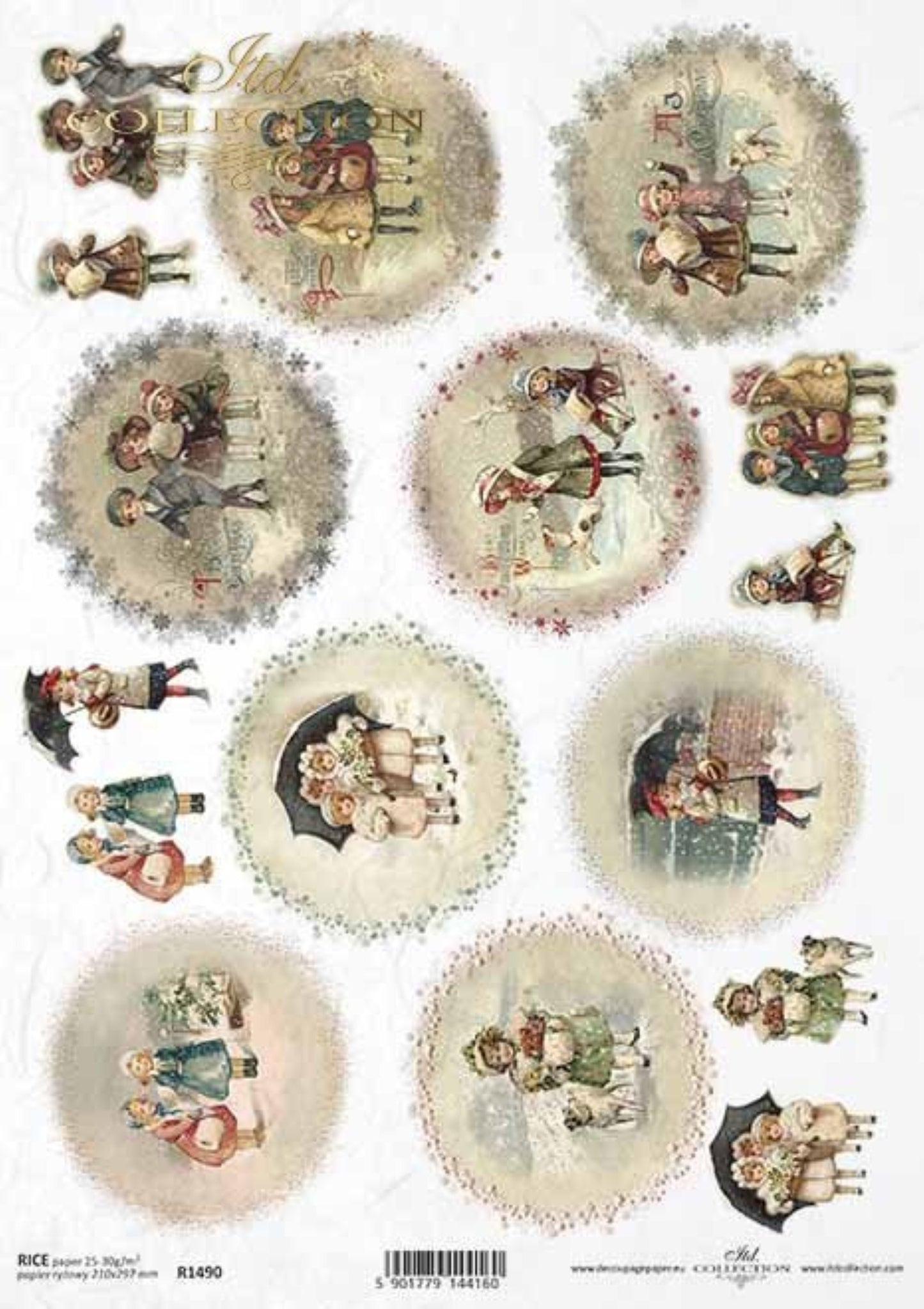 ITD Collection Rice Paper for Decoupage R1490, Size A4 - 210x297 mm, 8.27x11.7 inch, Vintage Christmas, children, Rounds, Ornaments