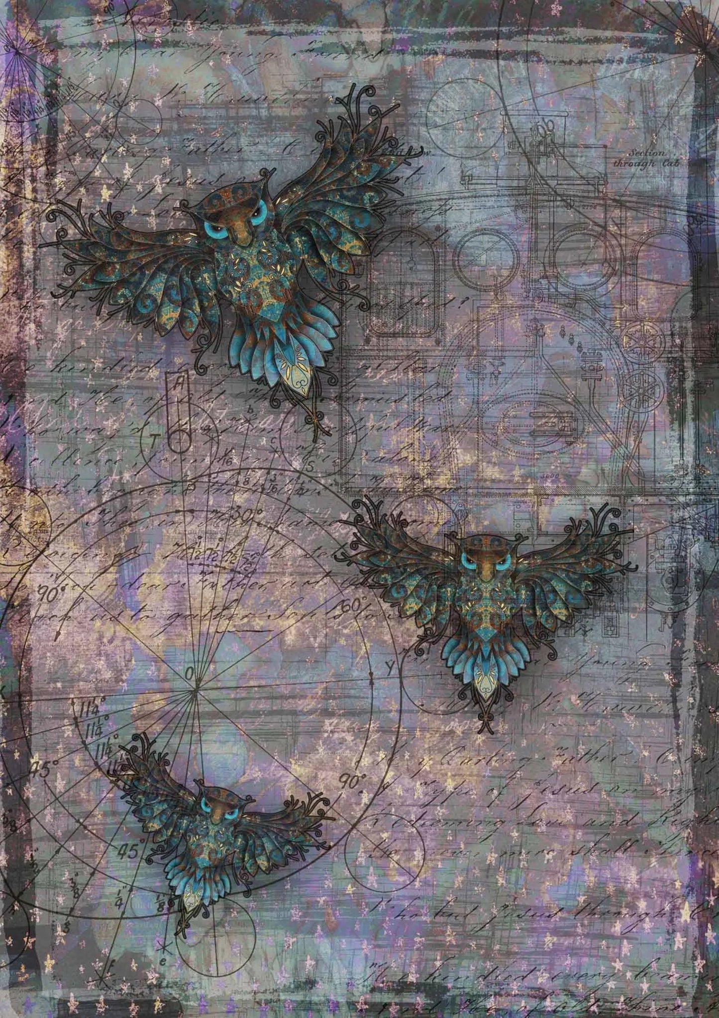 Decoupage Queen Hobbilicious, Owl Steampunk DQRP_0215-A4 Size: A4 - 8.3" X 11.7" 210 x 297 mm Rice Paper, Decoupage, Purple, Black Decoupage Queen