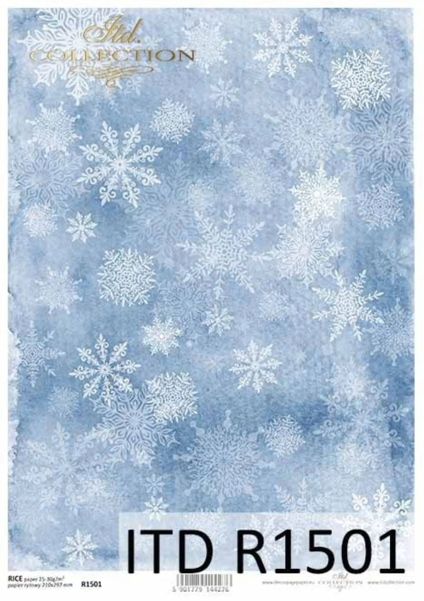 ITD Collection Rice Paper for Decoupage R1501, Size A4 - 210x297 mm, 8.27x11.7 inch, white snowflakes, blue background, Winter, snowflakes ITD Collection
