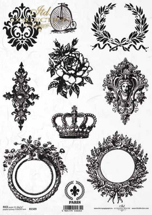 ITD Collection Rice Paper for Decoupage R1509, Size A4 - 210x297 mm, 8.27x11.7 inch, Vintage, Black, White, frames, mirror, wreath, crown