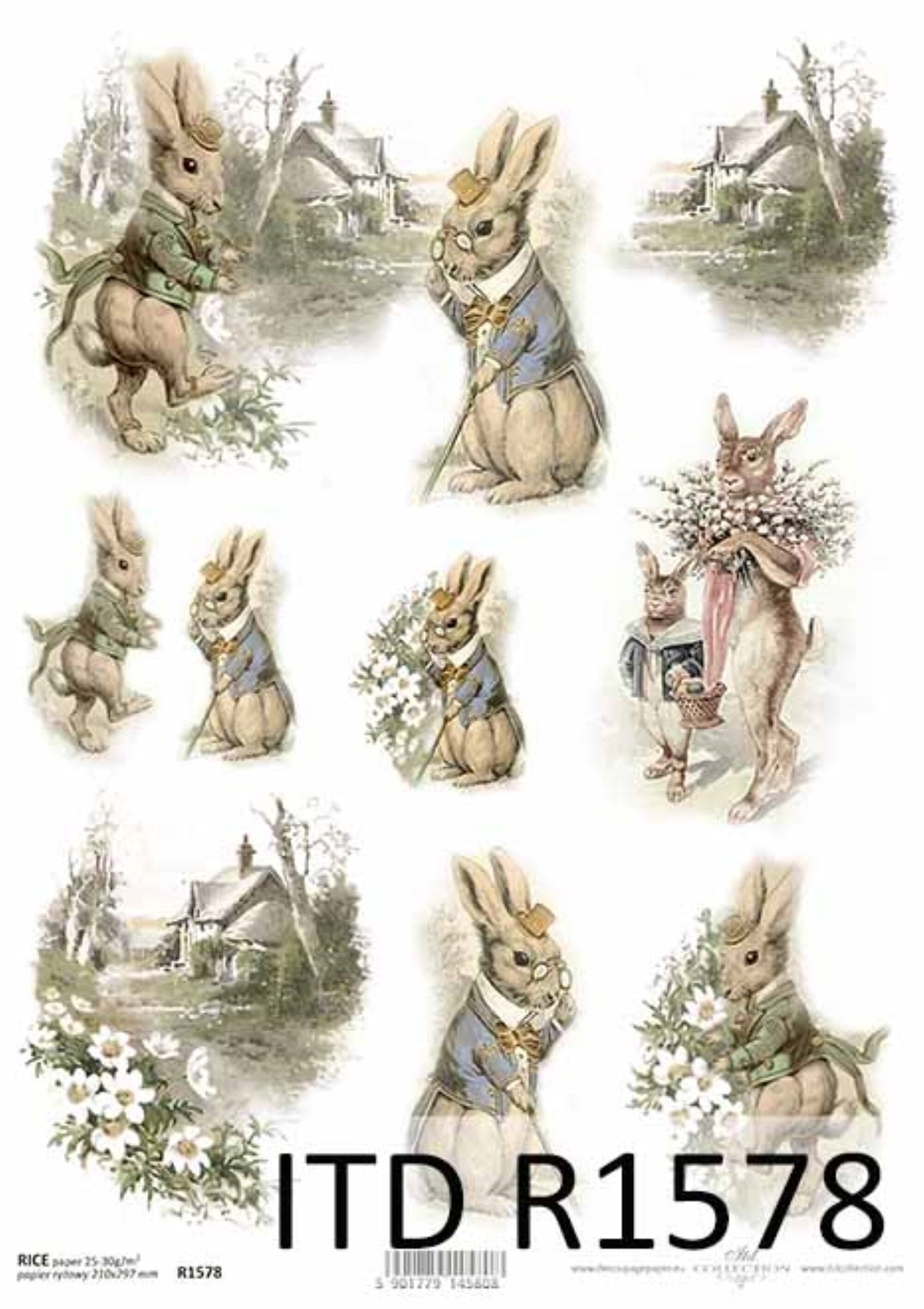 ITD Collection Rice Paper for Decoupage R1578 Size A4 - 210x297 mm, 8.27x11.7 inch, Easter, Vintage bunnies, Spring rural vistas