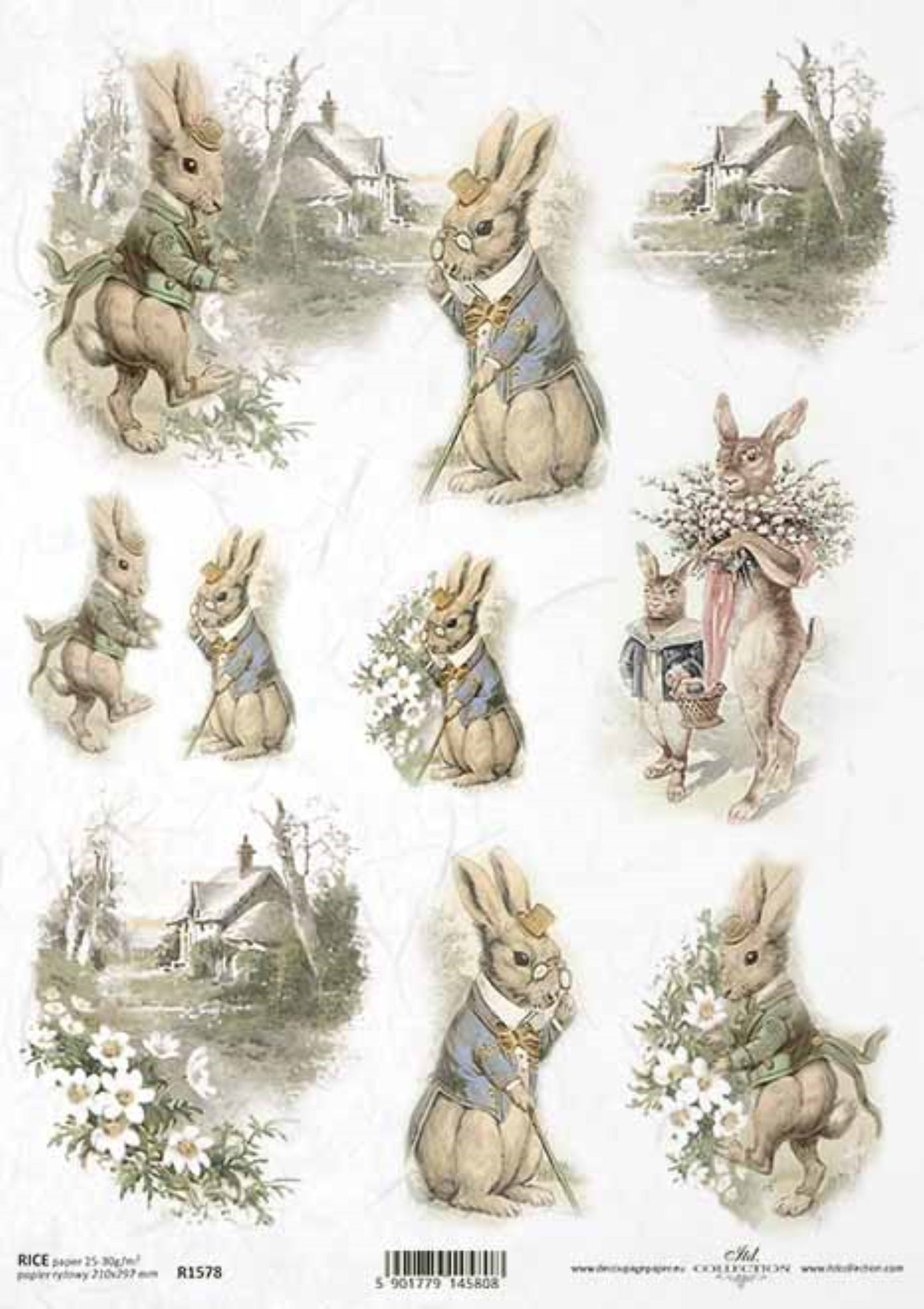 ITD Collection Rice Paper for Decoupage R1578 Size A4 - 210x297 mm, 8.27x11.7 inch, Easter, Vintage bunnies, Spring rural vistas
