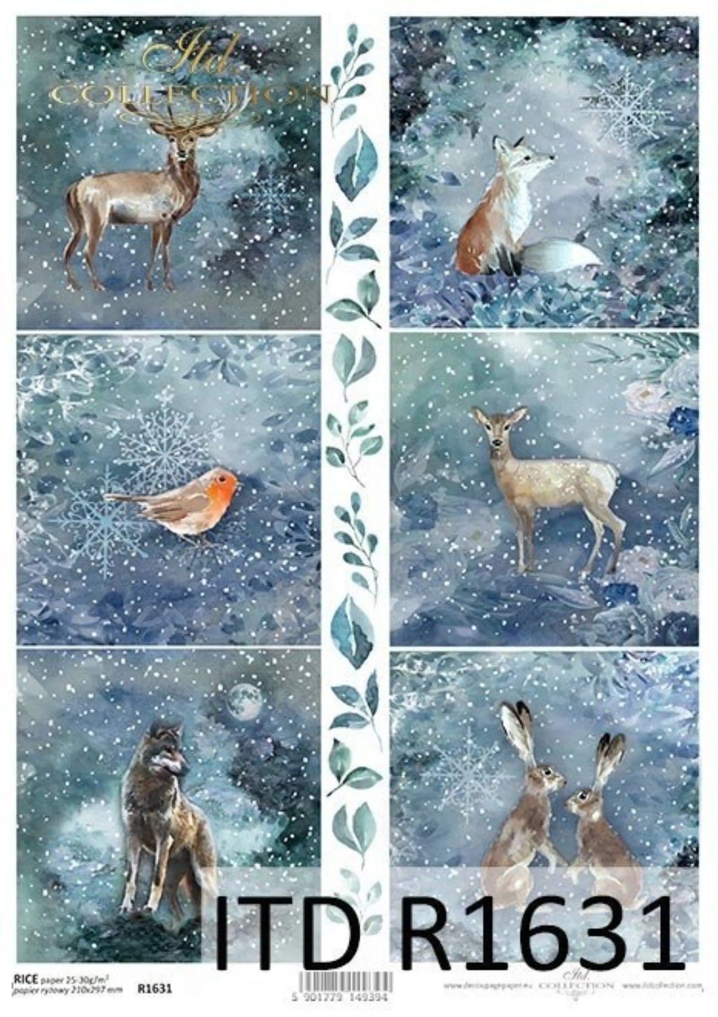 ITD Collection Rice Paper for Decoupage R1631 Size A4 - 210x297 mm, 8.27x11.7 inch Christmas, winter forest animals, blue Snow, Deer ITD Collection
