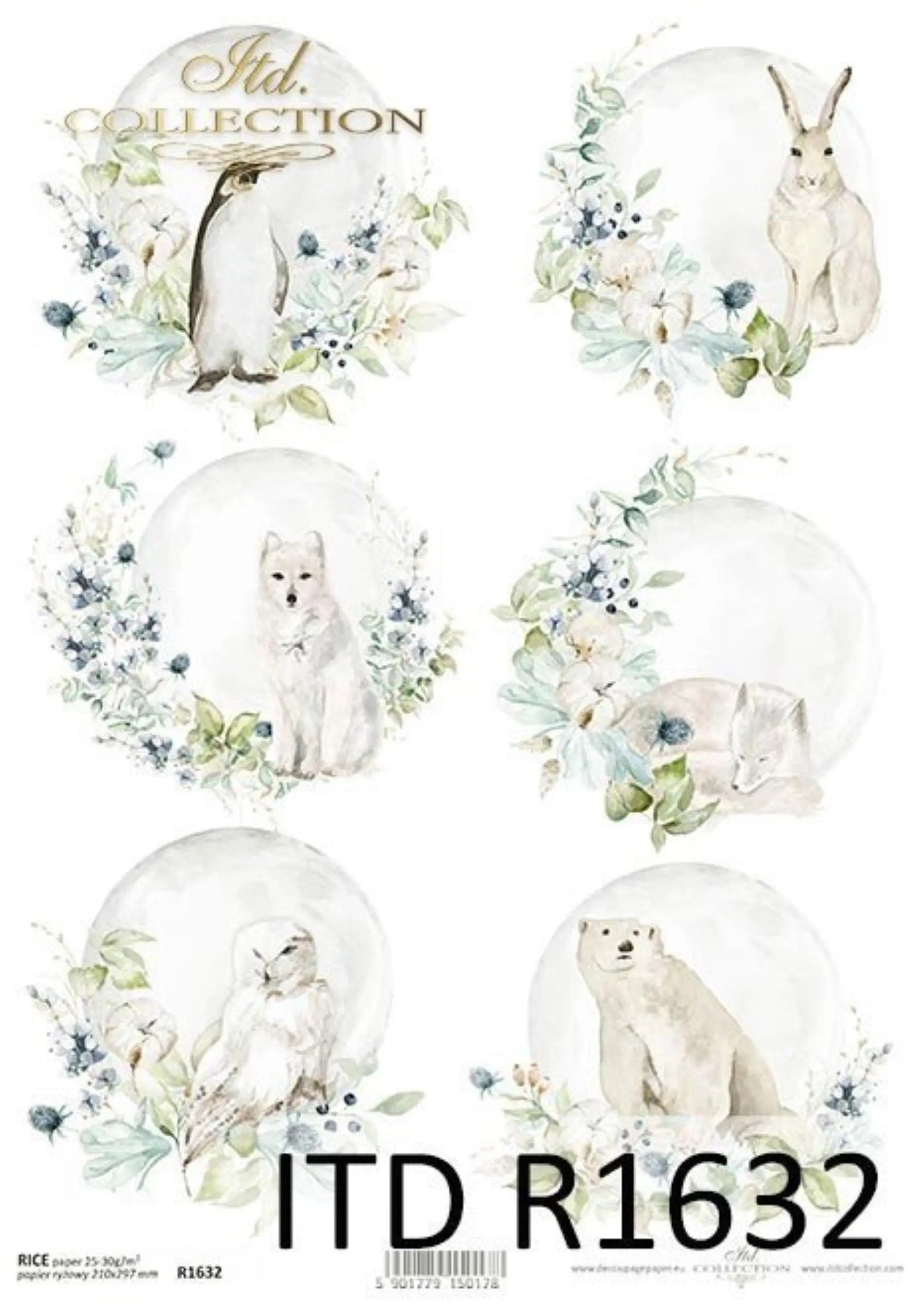 ITD Collection Rice Paper for Decoupage R1632 Size A4 - 210x297 mm, 8.27x11.7 inch Christmas rounds ornaments, winter animals, Snow, Floral ITD Collection