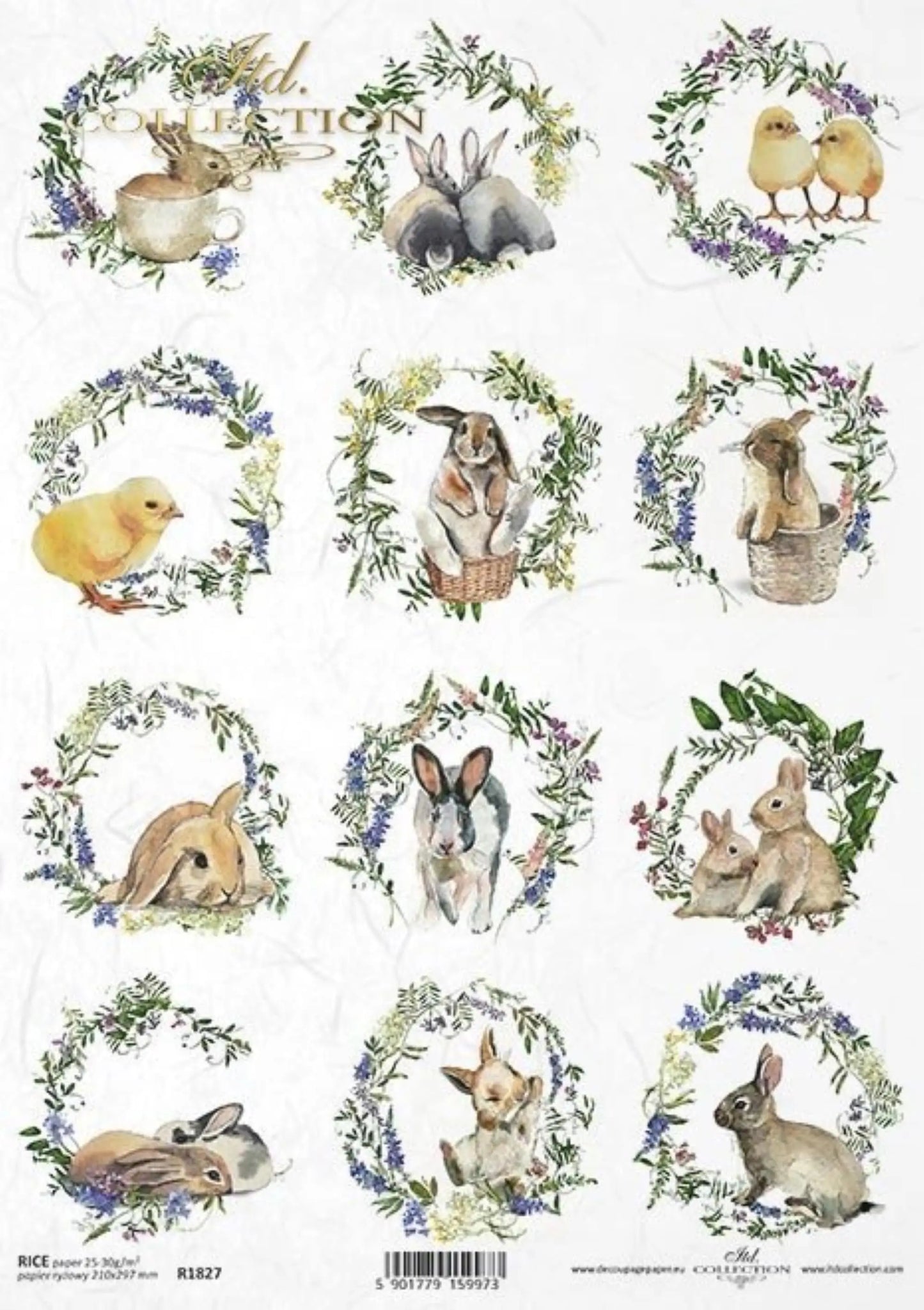 ITD Collection Rice Paper for Decoupage R1827, Size A4 - 210x297 mm, 8.27x11.7 inch, spring flowers, easter bunny rounds, wreaths, rabbits ITD Collection