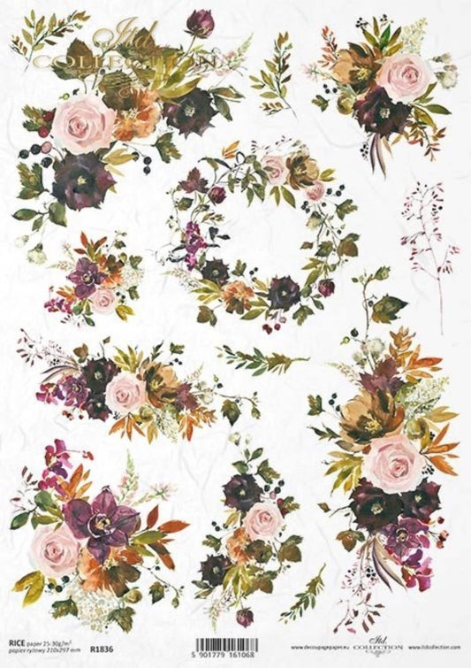 ITD Collection Rice Paper for Decoupage R1836, Size A4 - 210x297 mm, 8.27x11.7 inch, flowers, bouquets, roses, violets, wreath, shabby chic