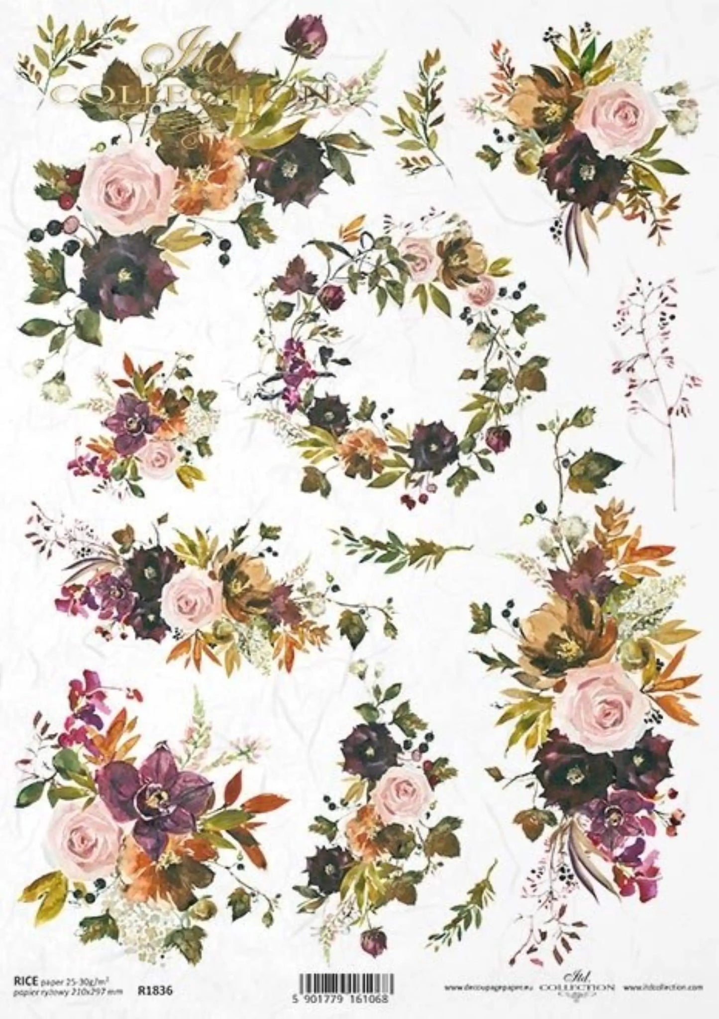 ITD Collection Rice Paper for Decoupage R1836, Size A4 - 210x297 mm, 8.27x11.7 inch, flowers, bouquets, roses, violets, wreath, shabby chic ITD Collection